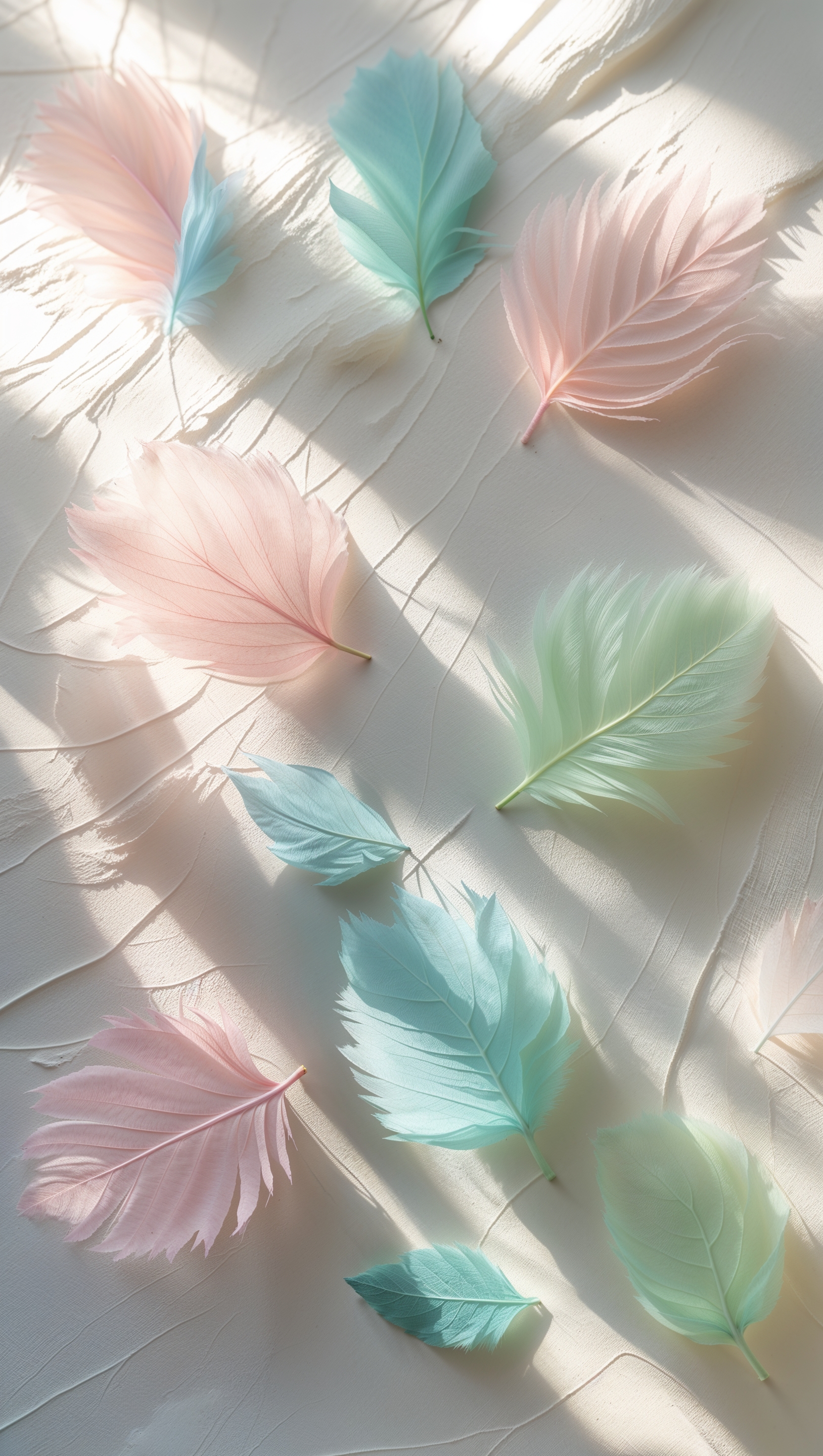 Delicate pastel leaves scattered across clean white background