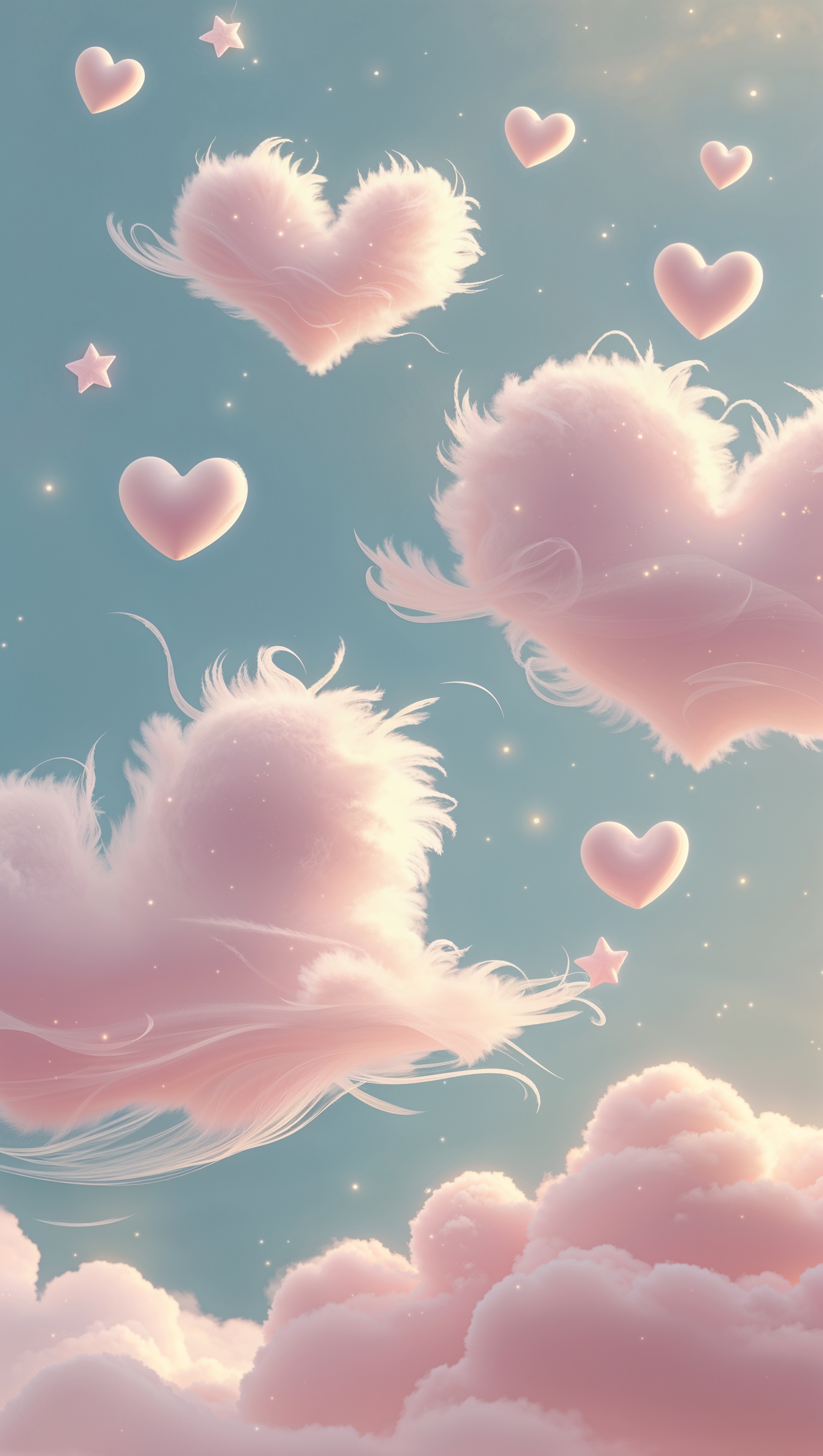 Pastel clouds forming hearts and stars, playful and gentle mood