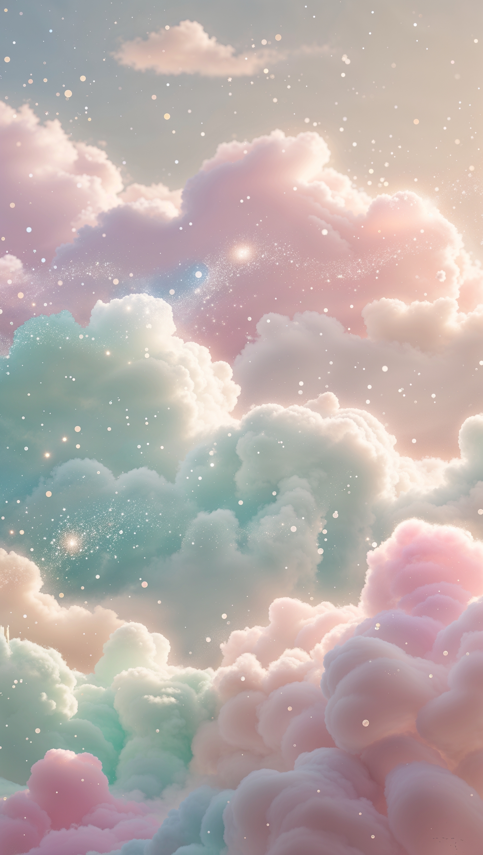 Pastel clouds in a dreamy sky with subtle sparkles and cotton candy tones