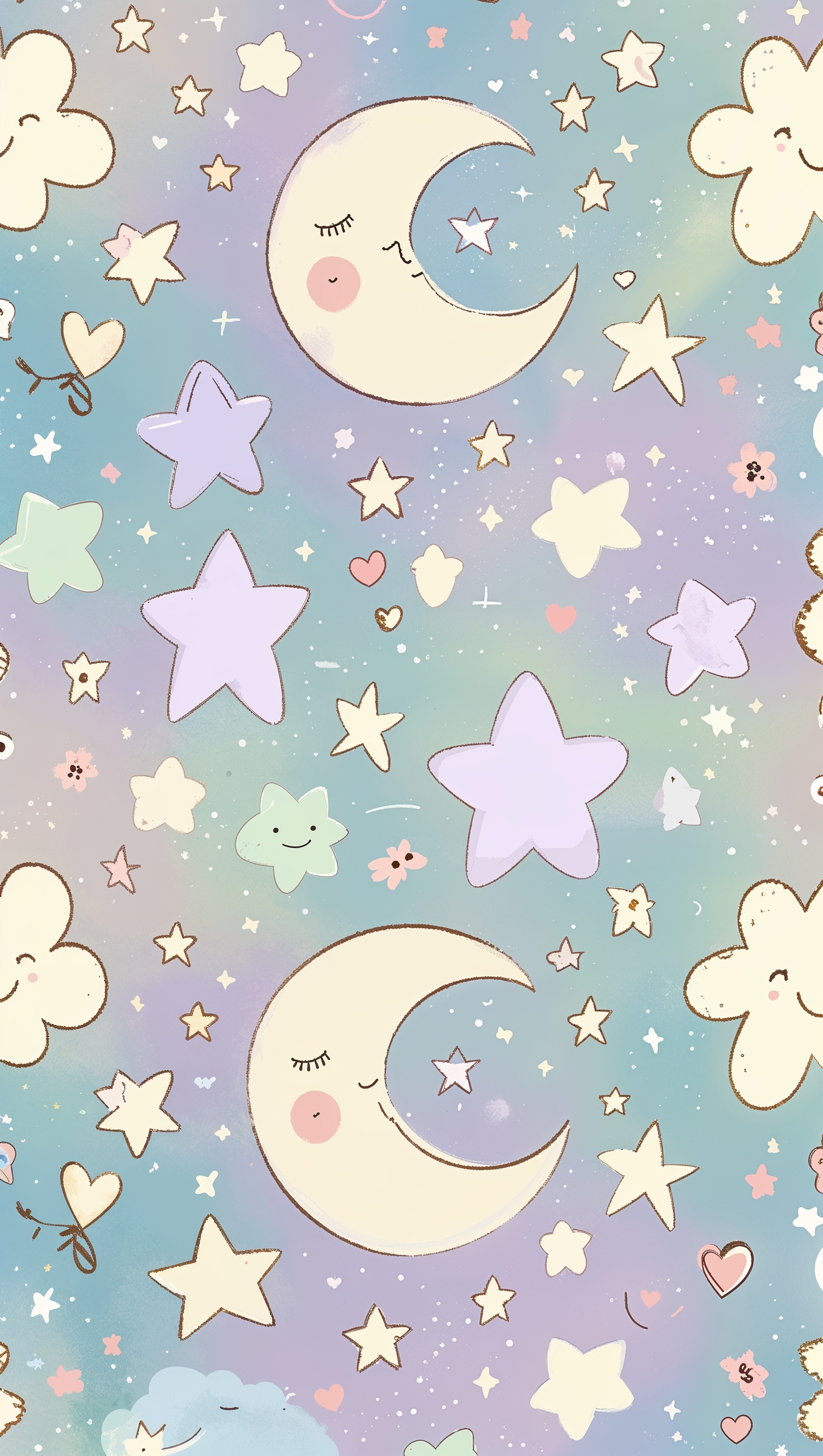Pastel-themed kawaii background with stars, moons, and happy doodles