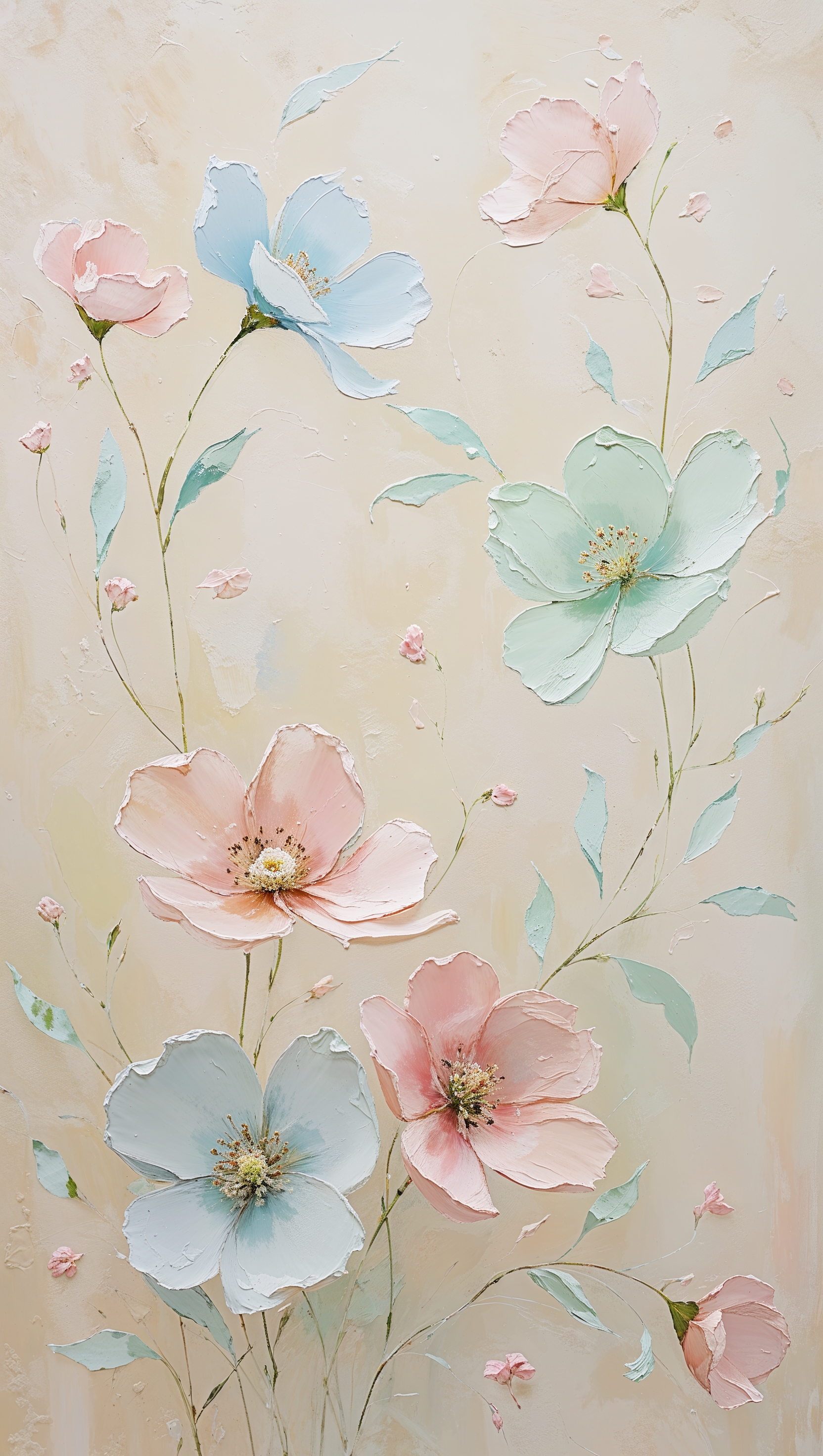 Delicate floral pattern in pastel tones over off-white canvas