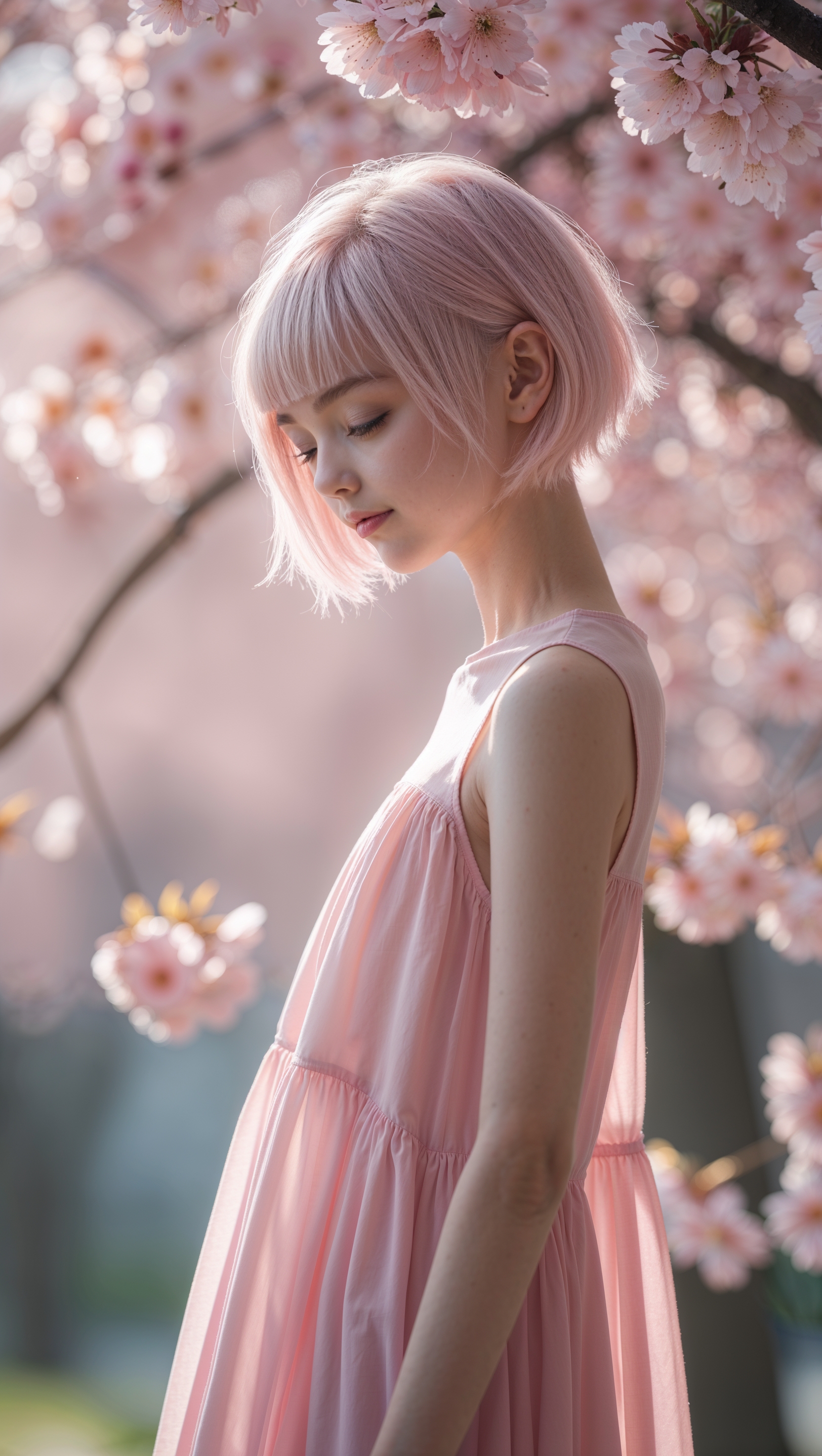 Aesthetic girl with short hair standing under cherry blossoms, soft pink tones, vertical iPhone format