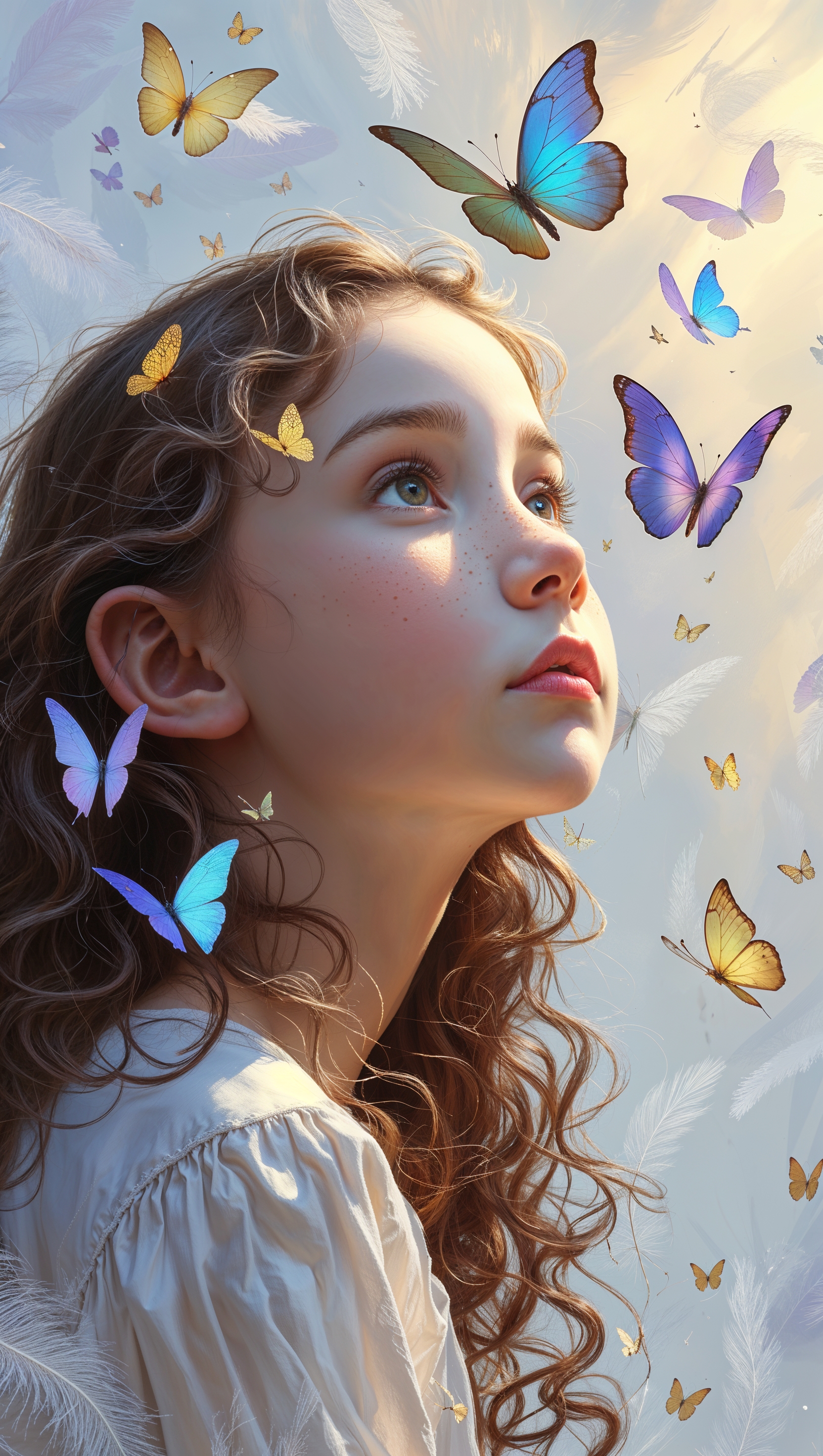 Profile view of a dreamy girl surrounded by floating butterflies