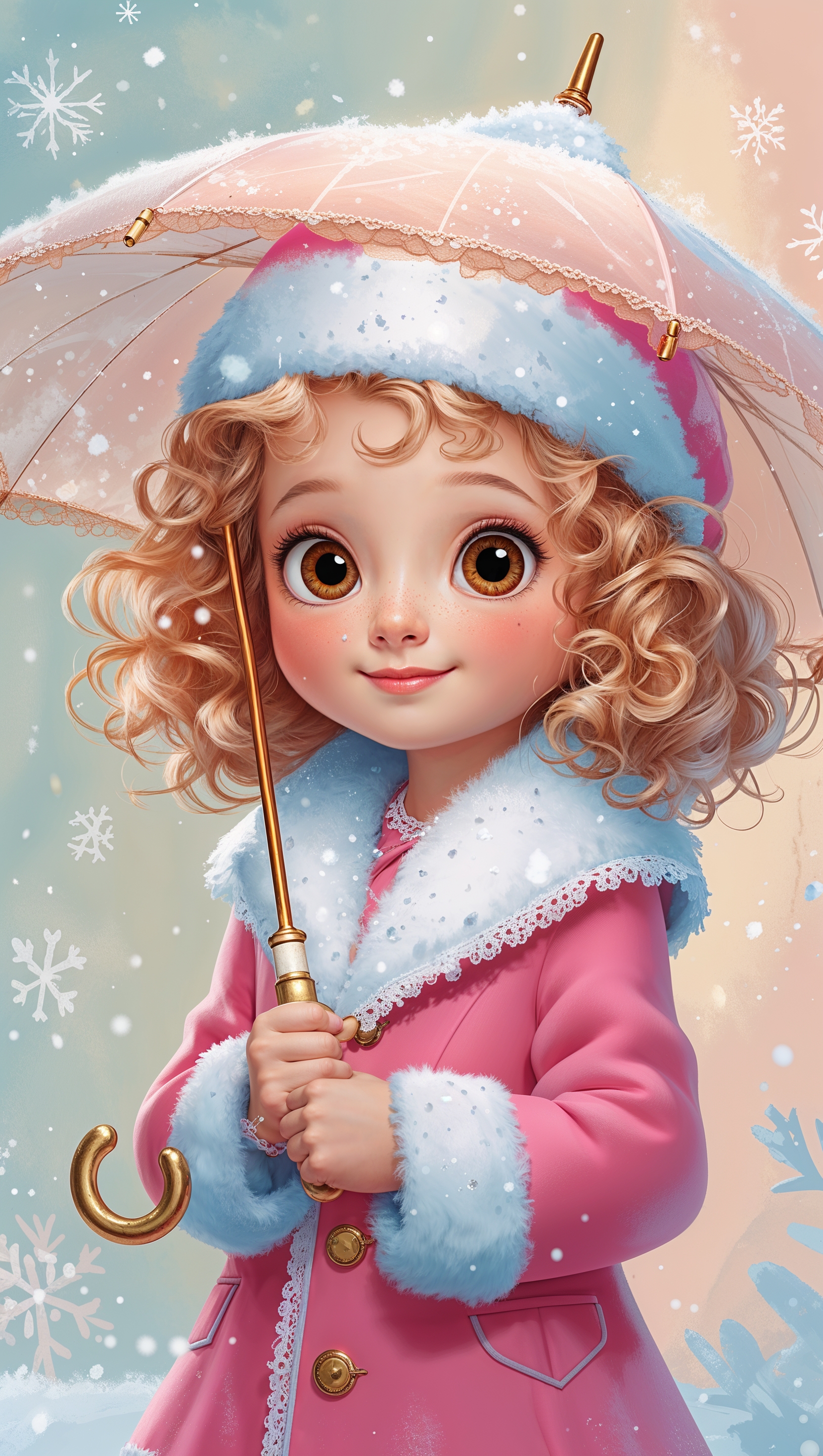 Cute cartoon girl holding umbrella under soft snowfall, pastel background