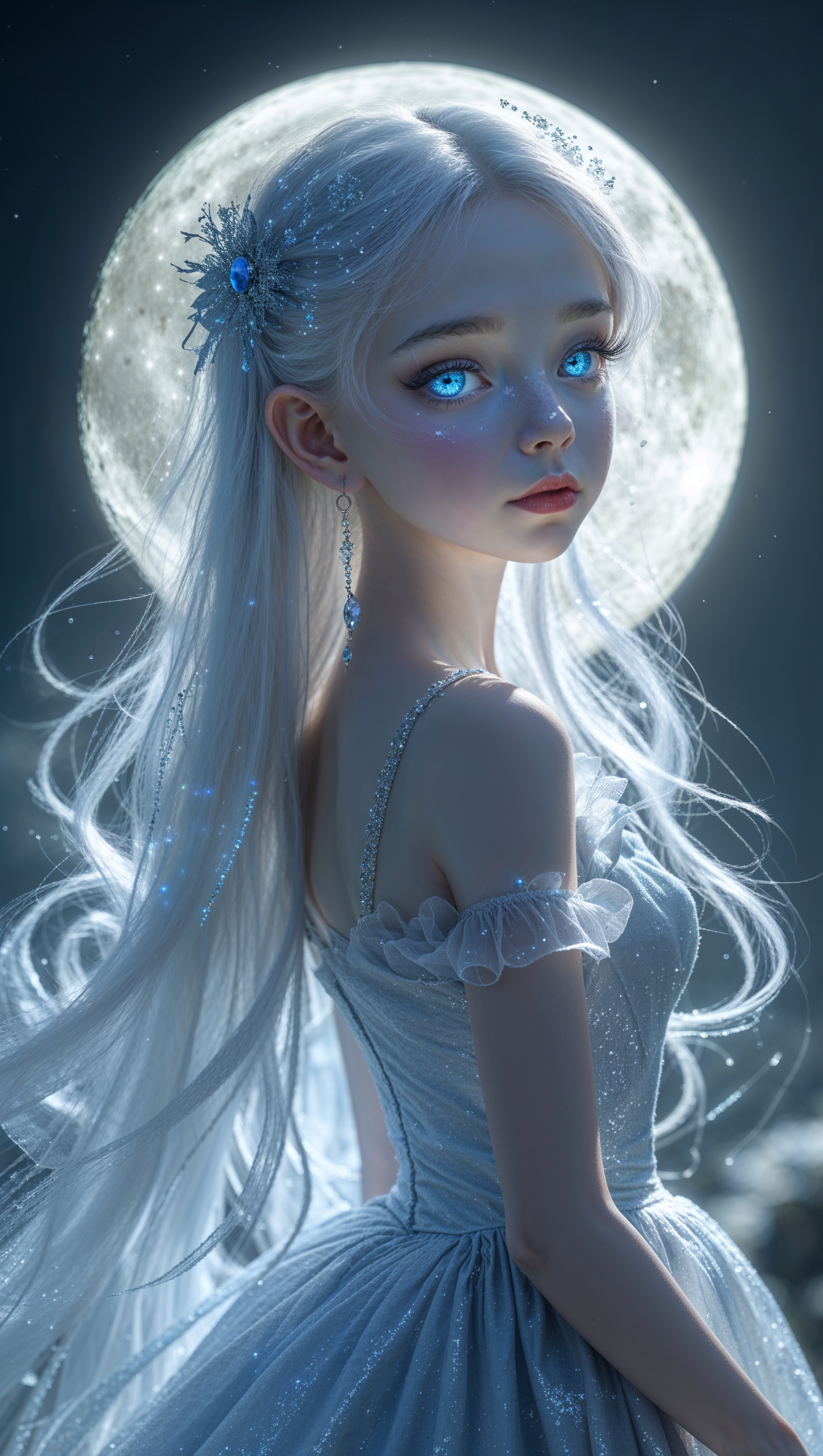 Fantasy girl with glowing blue eyes and long silver hair under moonlight