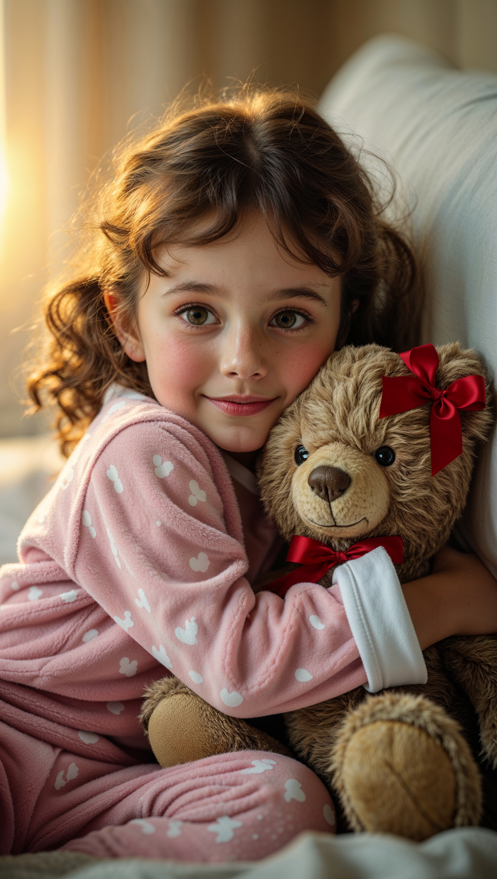 Girl in bunny pajamas hugging a stuffed animal, soft bedroom light