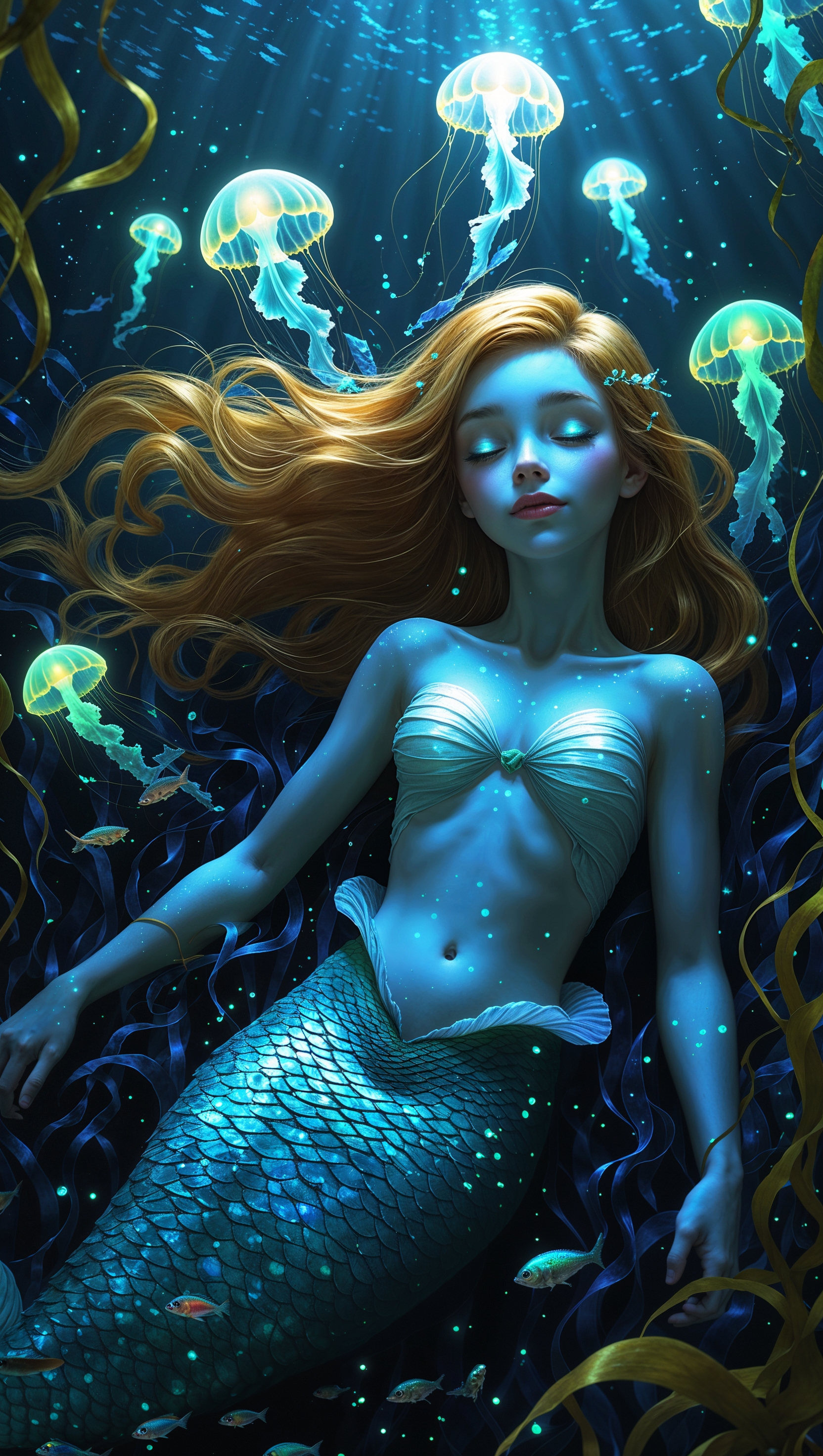 Mermaid girl under water, surrounded by glowing jellyfish