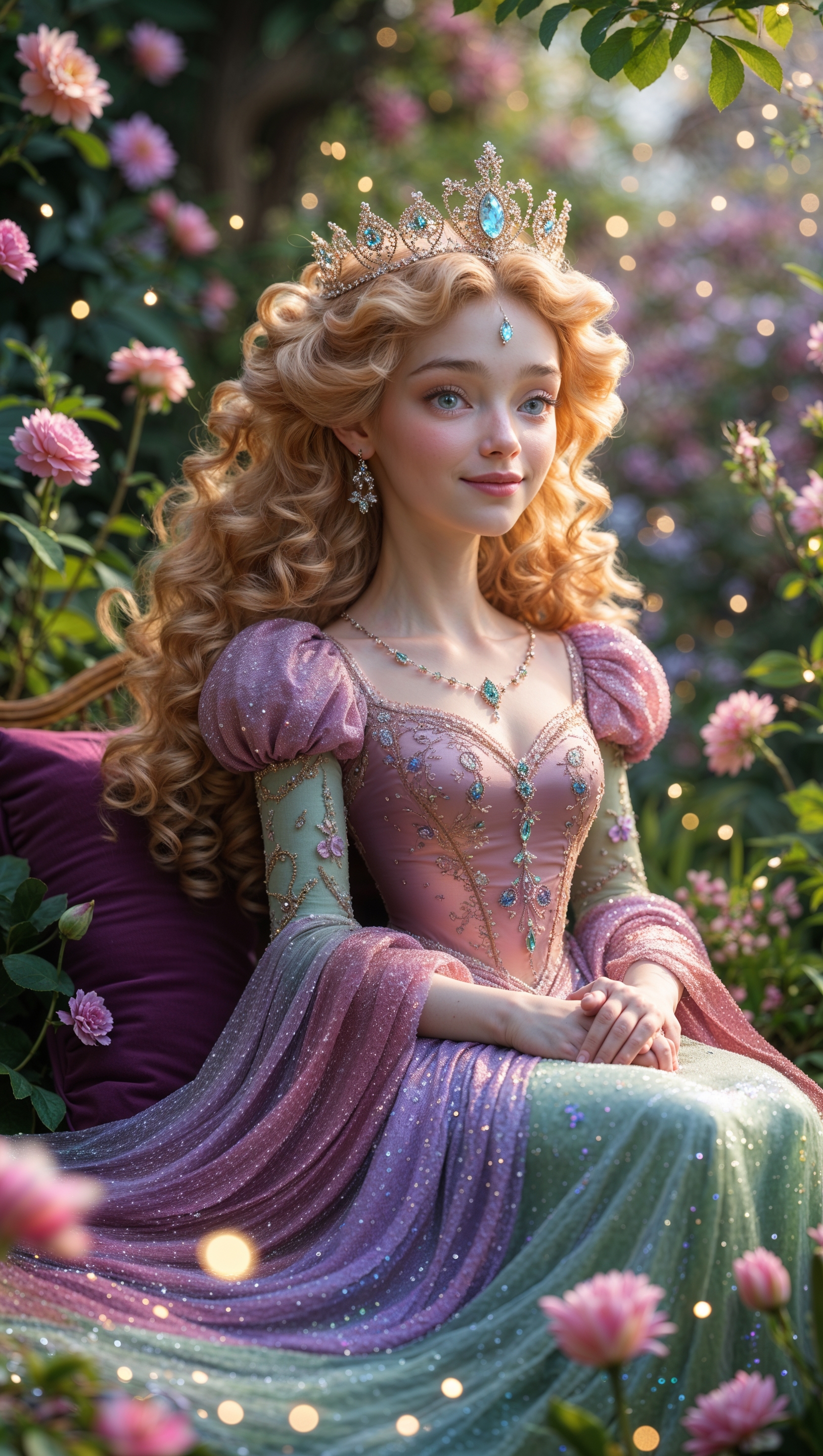 Princess girl sitting in garden with a small crown and sparkly dress