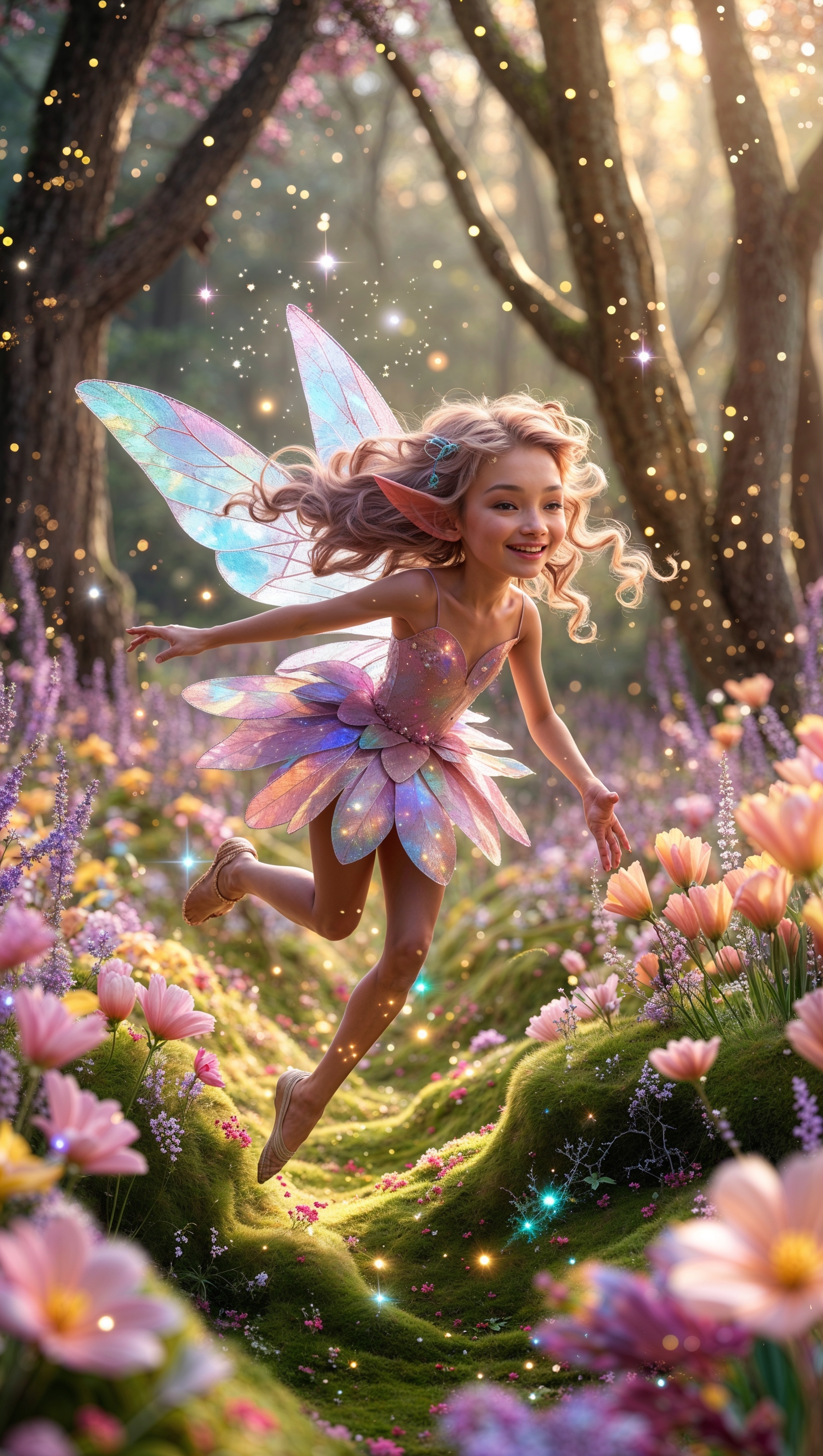 Girl with magical lantern walking through snow-covered forest