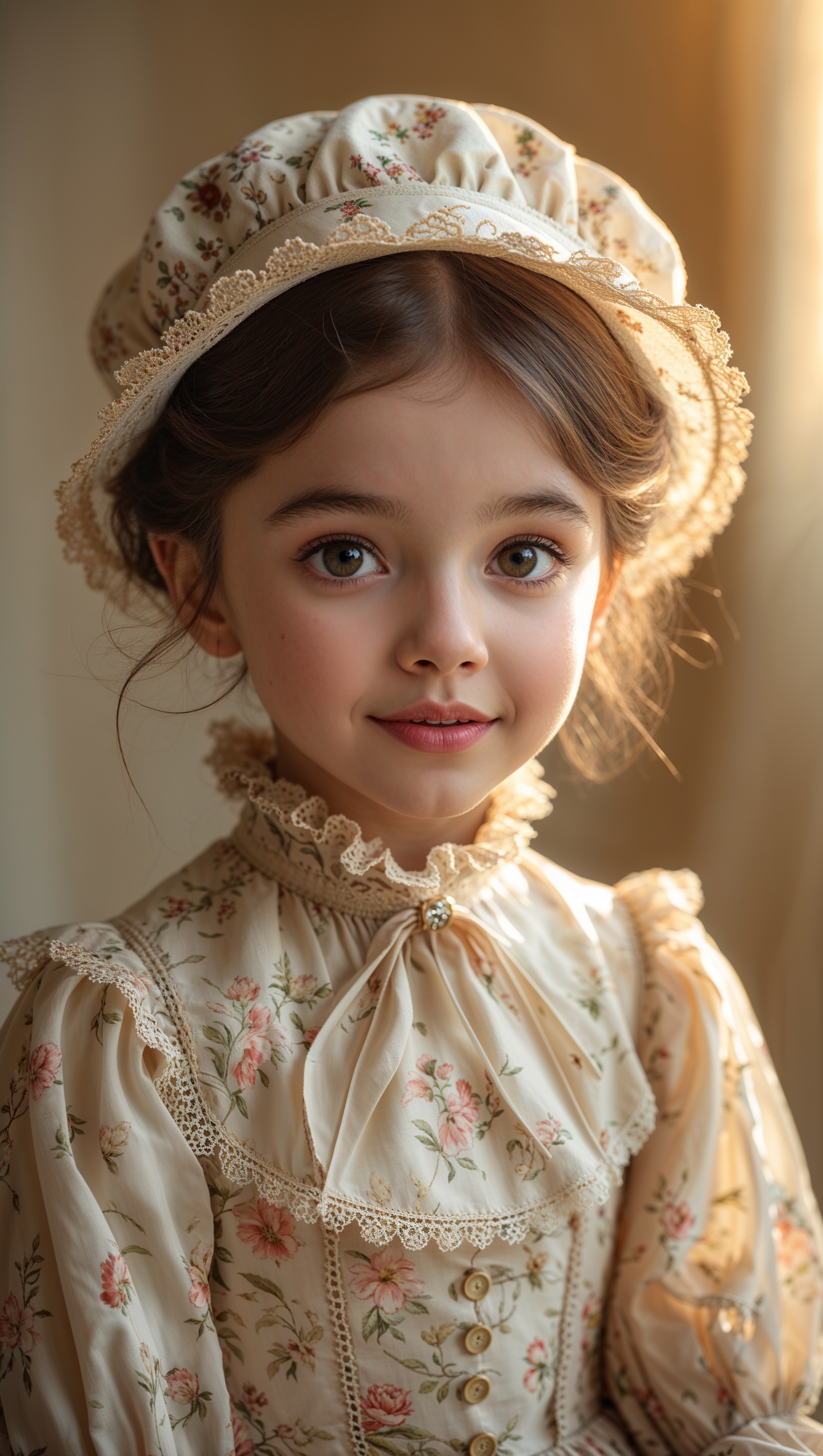 Portrait of a girl in vintage clothes with soft sunlight and film grain effect
