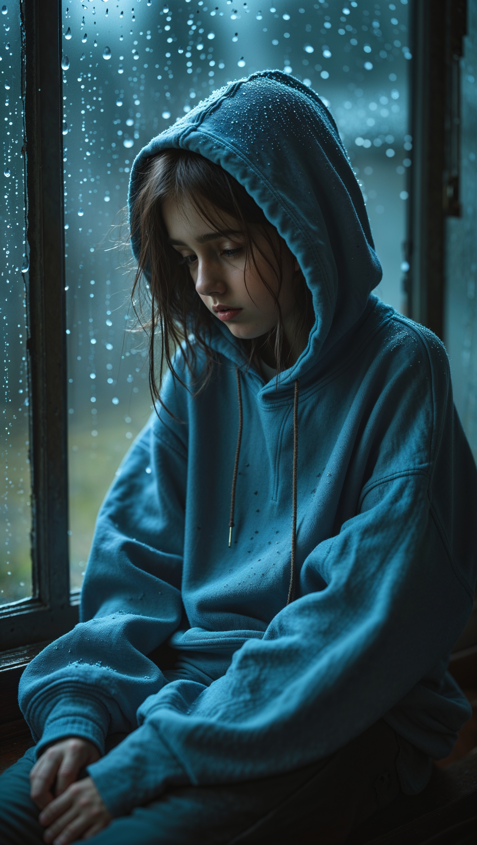 Sad girl with hoodie sitting by rainy window, soft lighting and mood