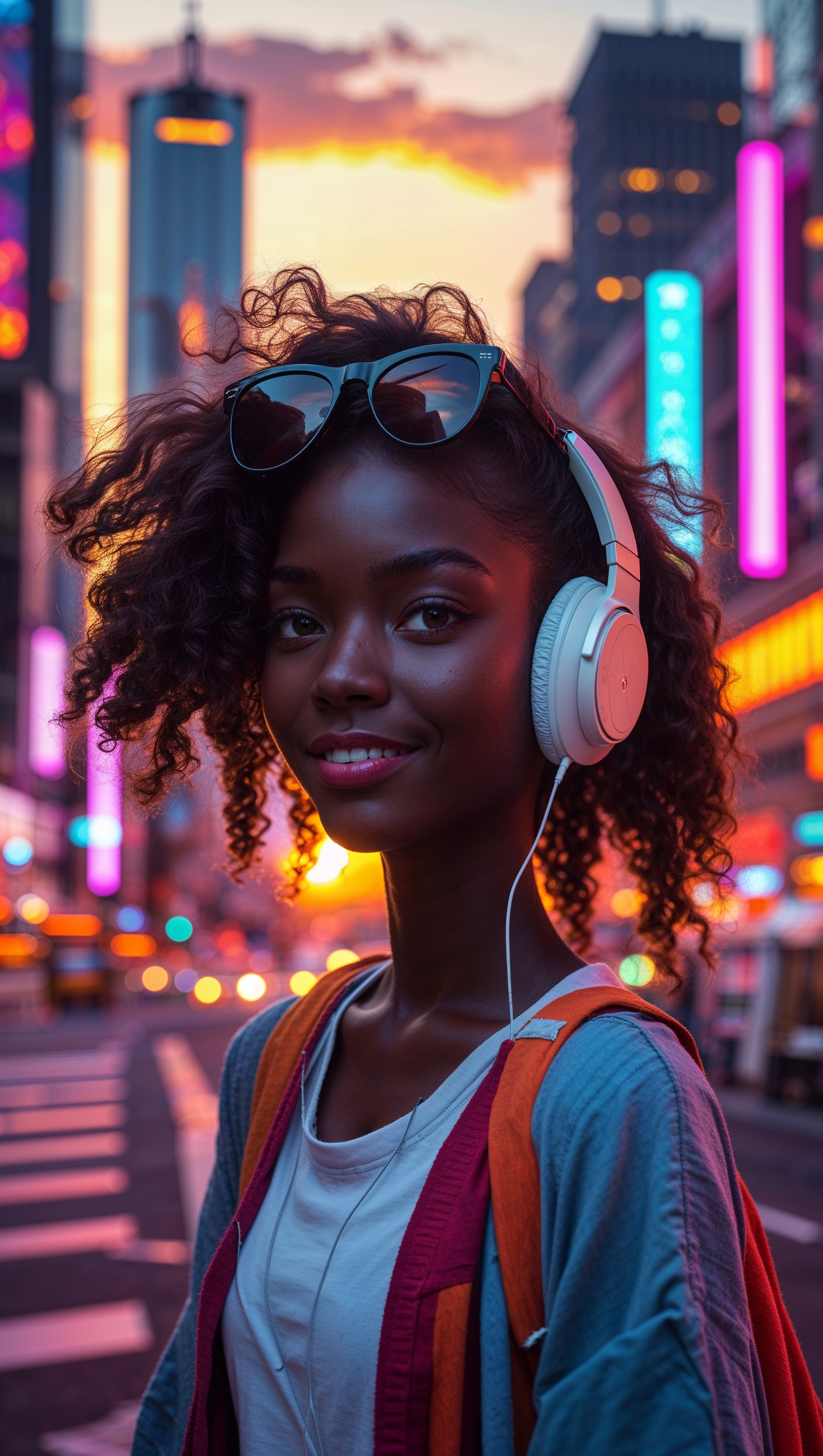 Urban girl with sunglasses and headphones walking in city at sunset