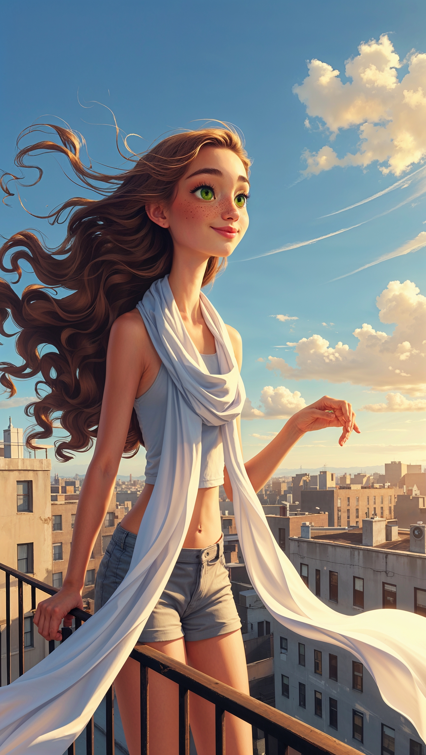 Vertical photo of girl standing on rooftop with flowing scarf in wind