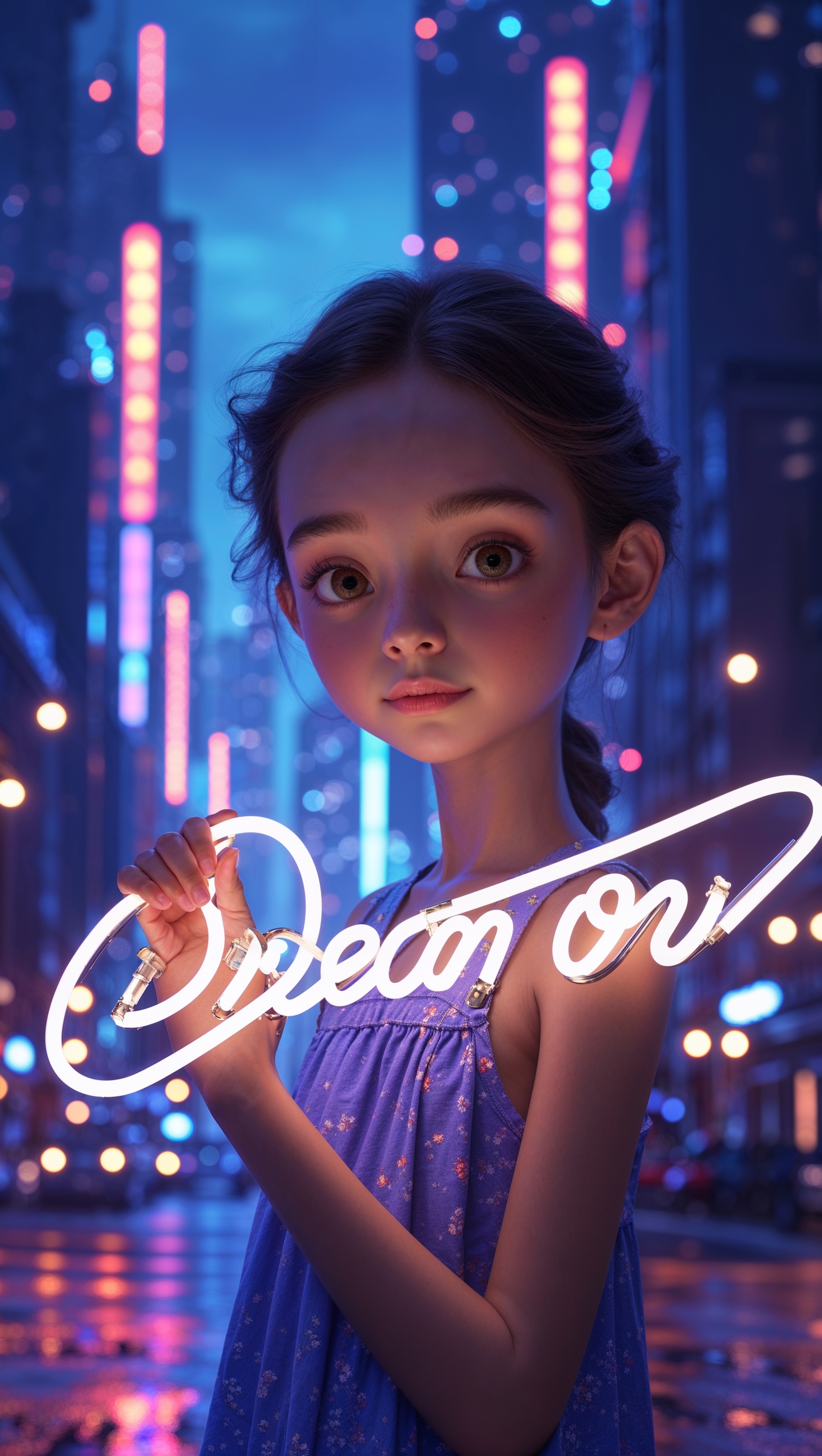 Girl holding glowing neon sign that reads “dream on”, night background