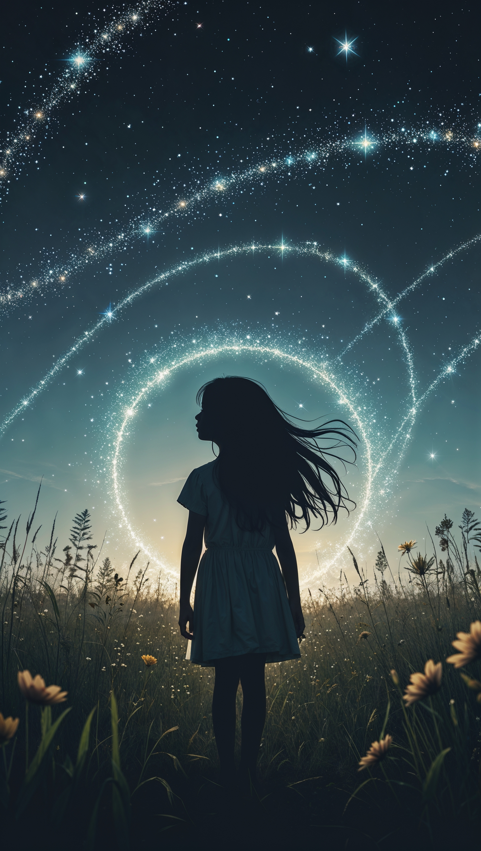 Backlit silhouette of girl standing in field with stars forming a halo