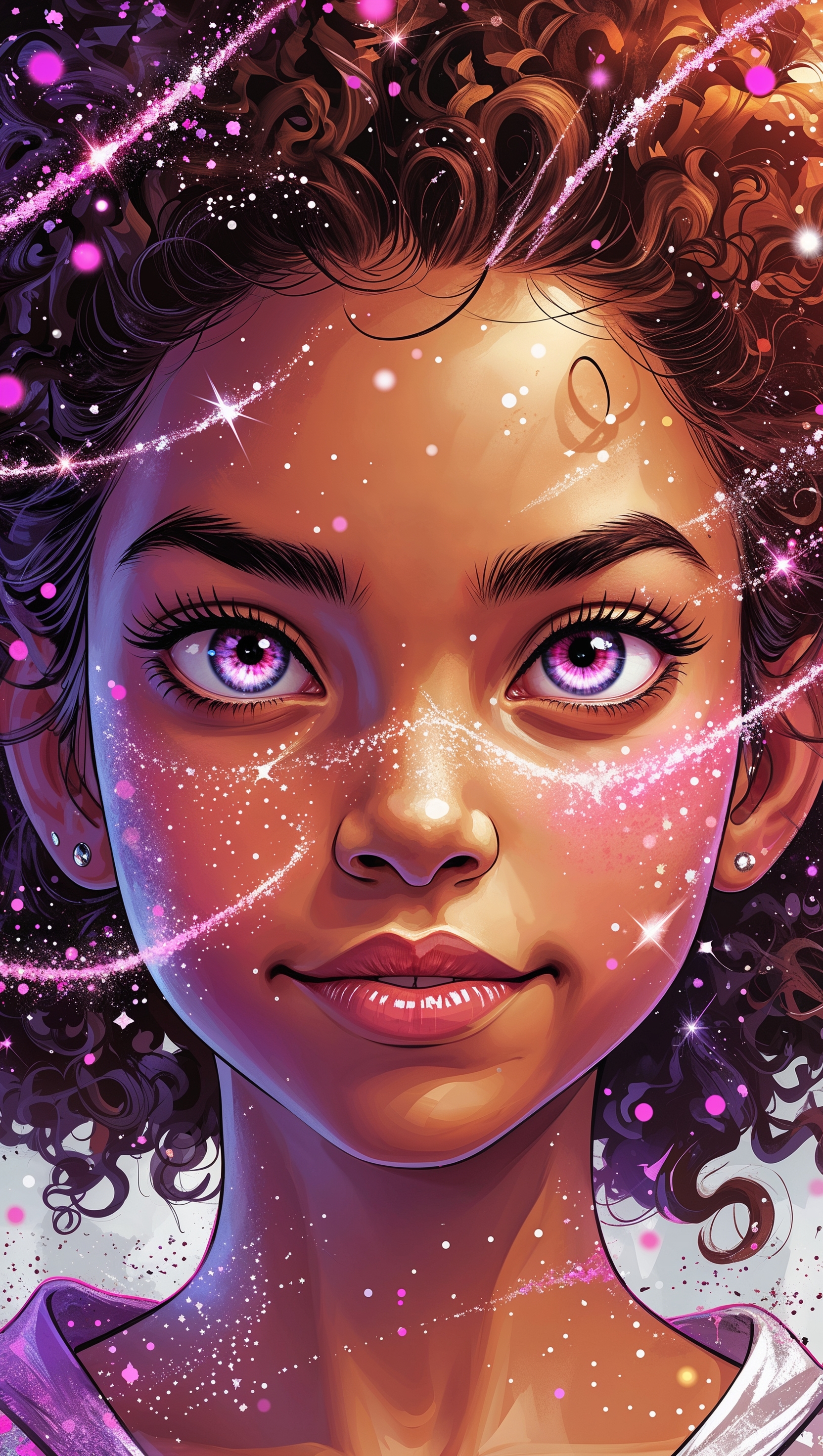 Girl with powerful expression and sparkles around her face, digital art