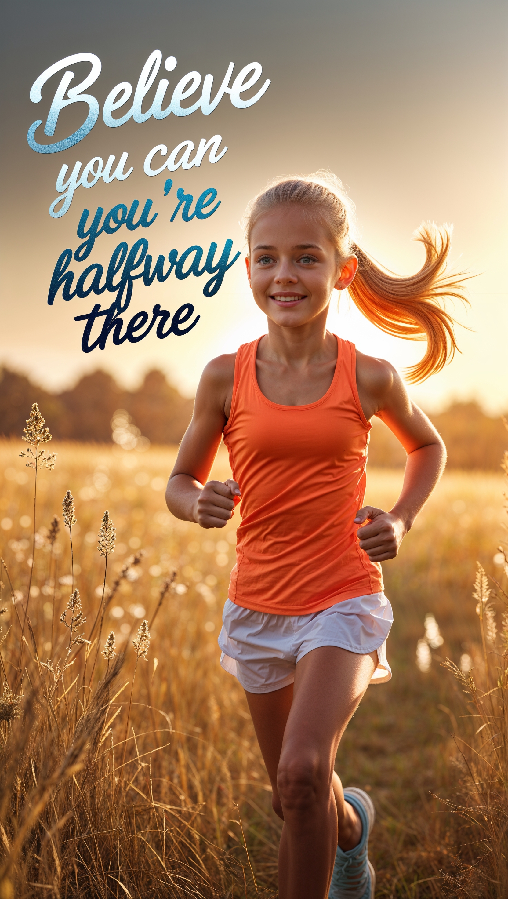 Motivational quote with girl running through sunrise-lit field