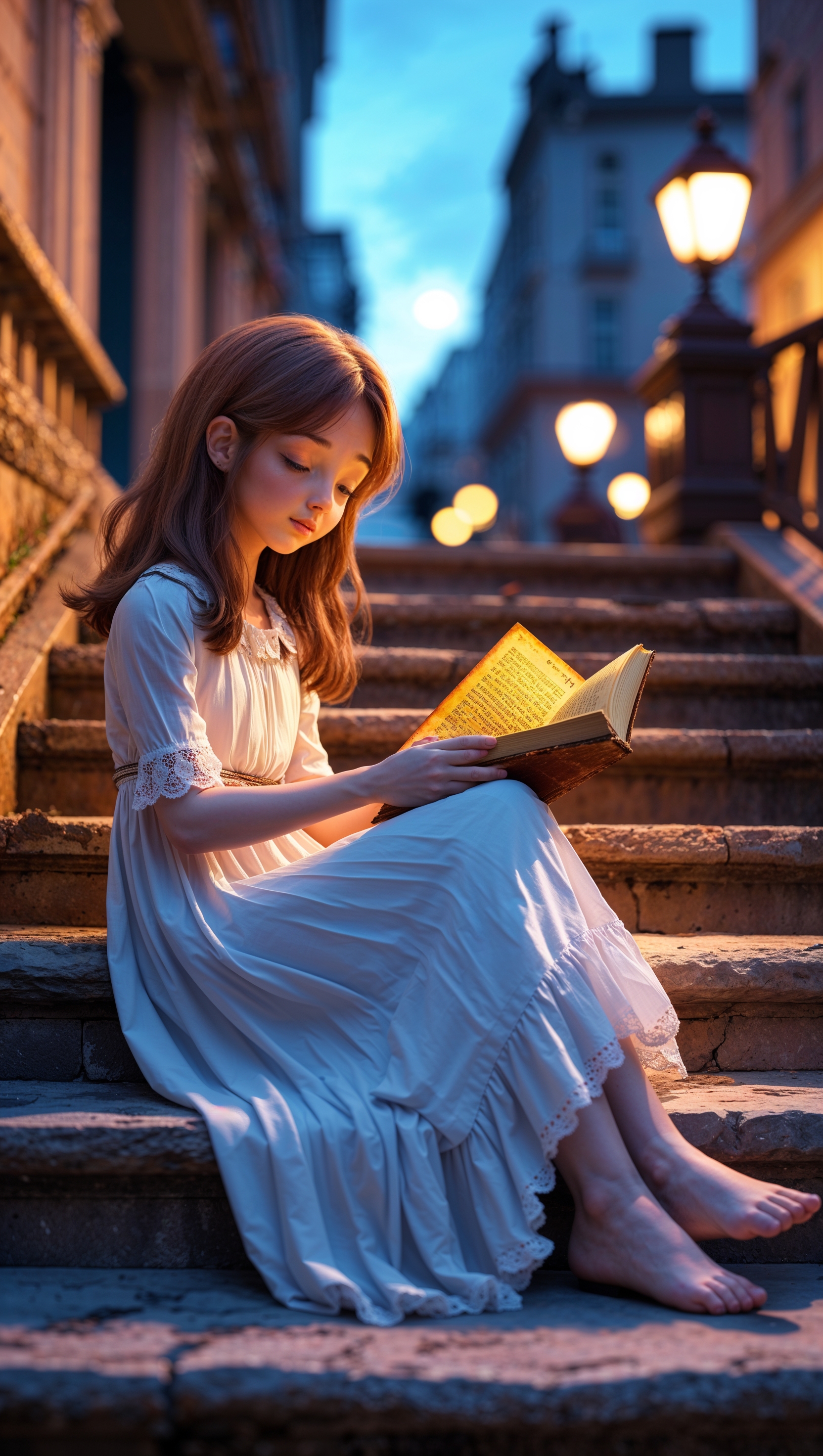Girl sitting on stairs reading a book, warm city evening lighting
