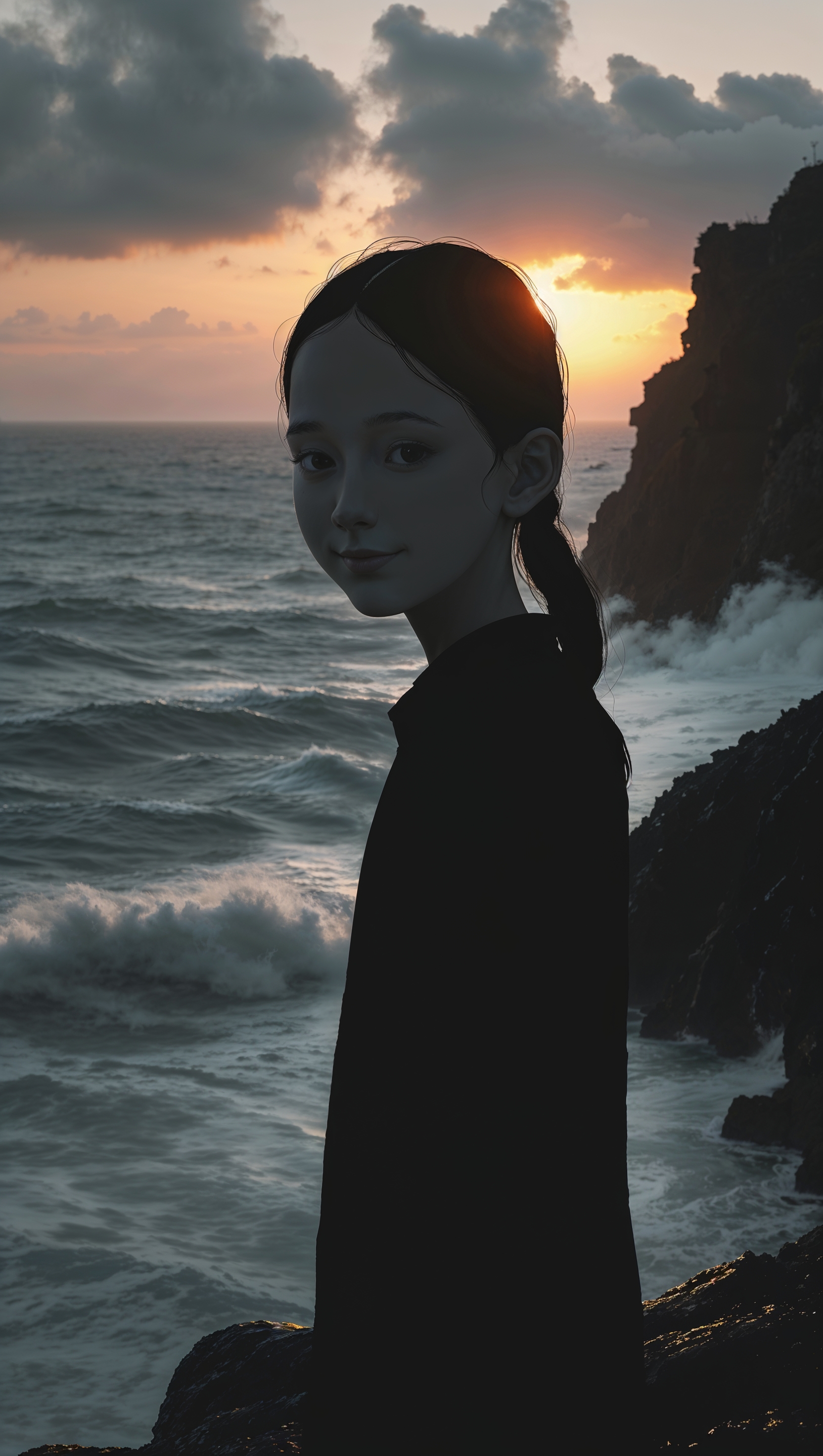 Minimalist black and white silhouette of a girl facing the sea at sunset