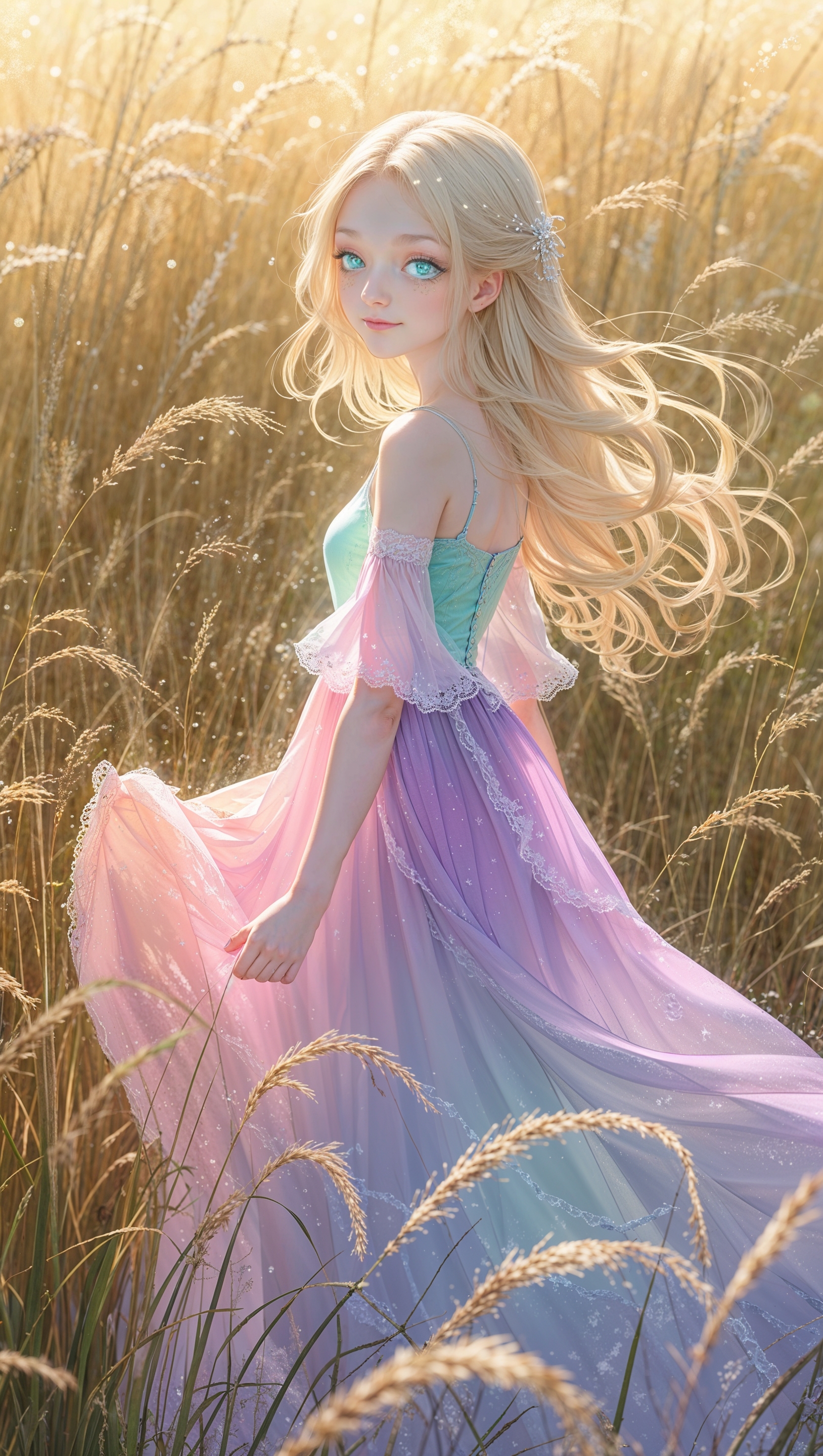 Anime-style girl in a flowing dress standing in a field of tall grass