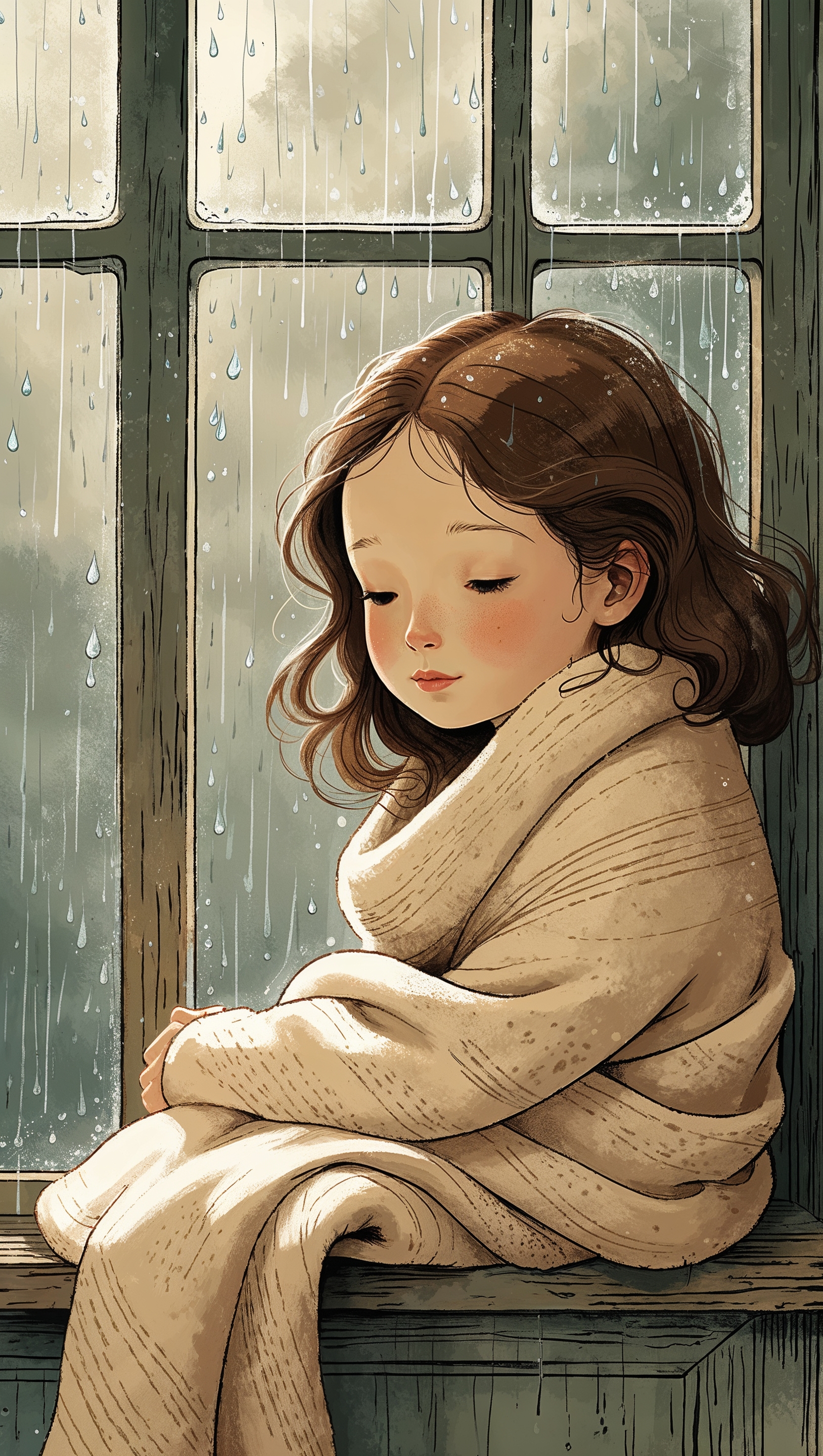 Illustration of girl sitting on windowsill watching the rain, cozy atmosphere