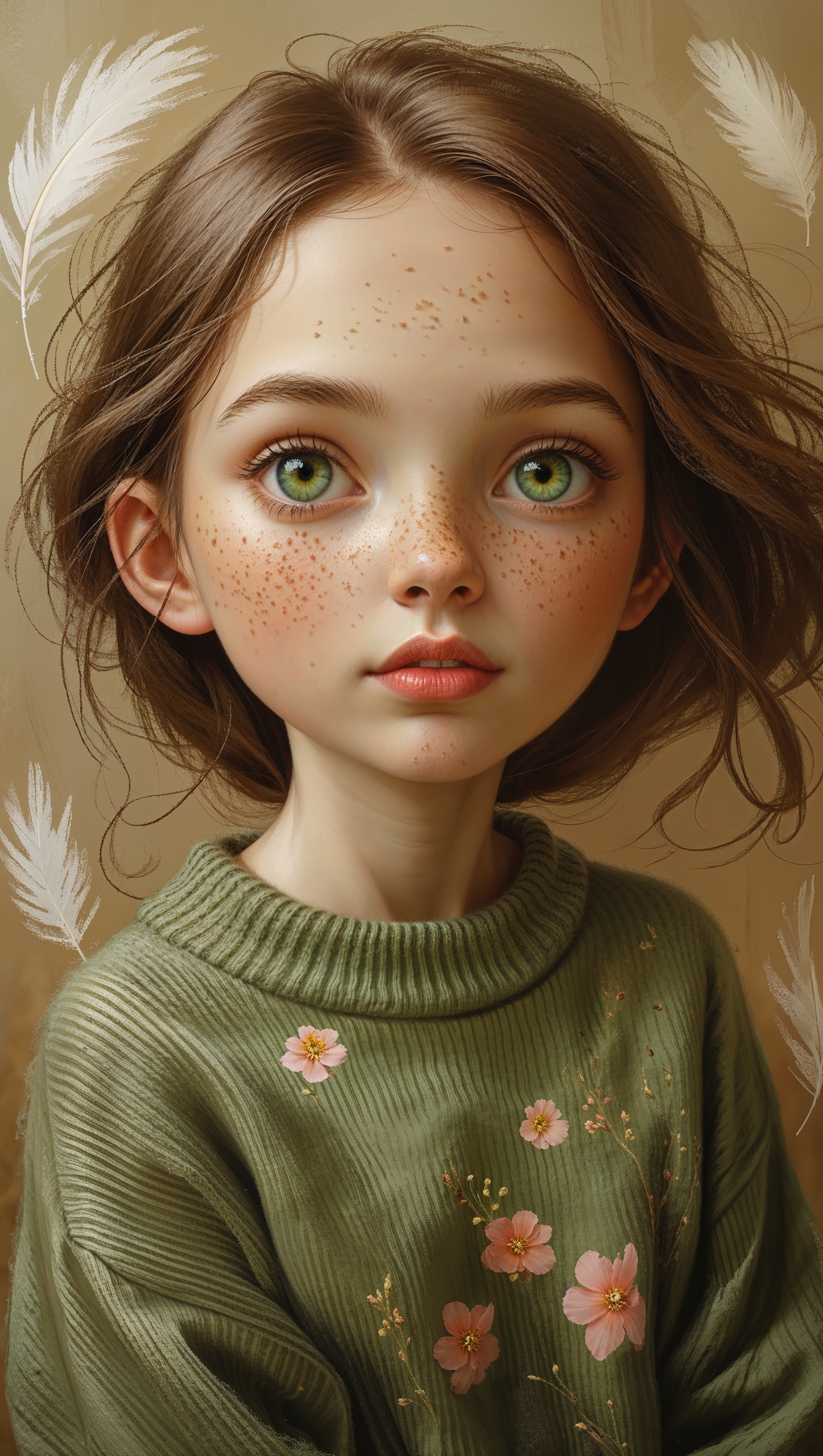 Painterly style girl with freckles, oversized sweater, soft brush strokes