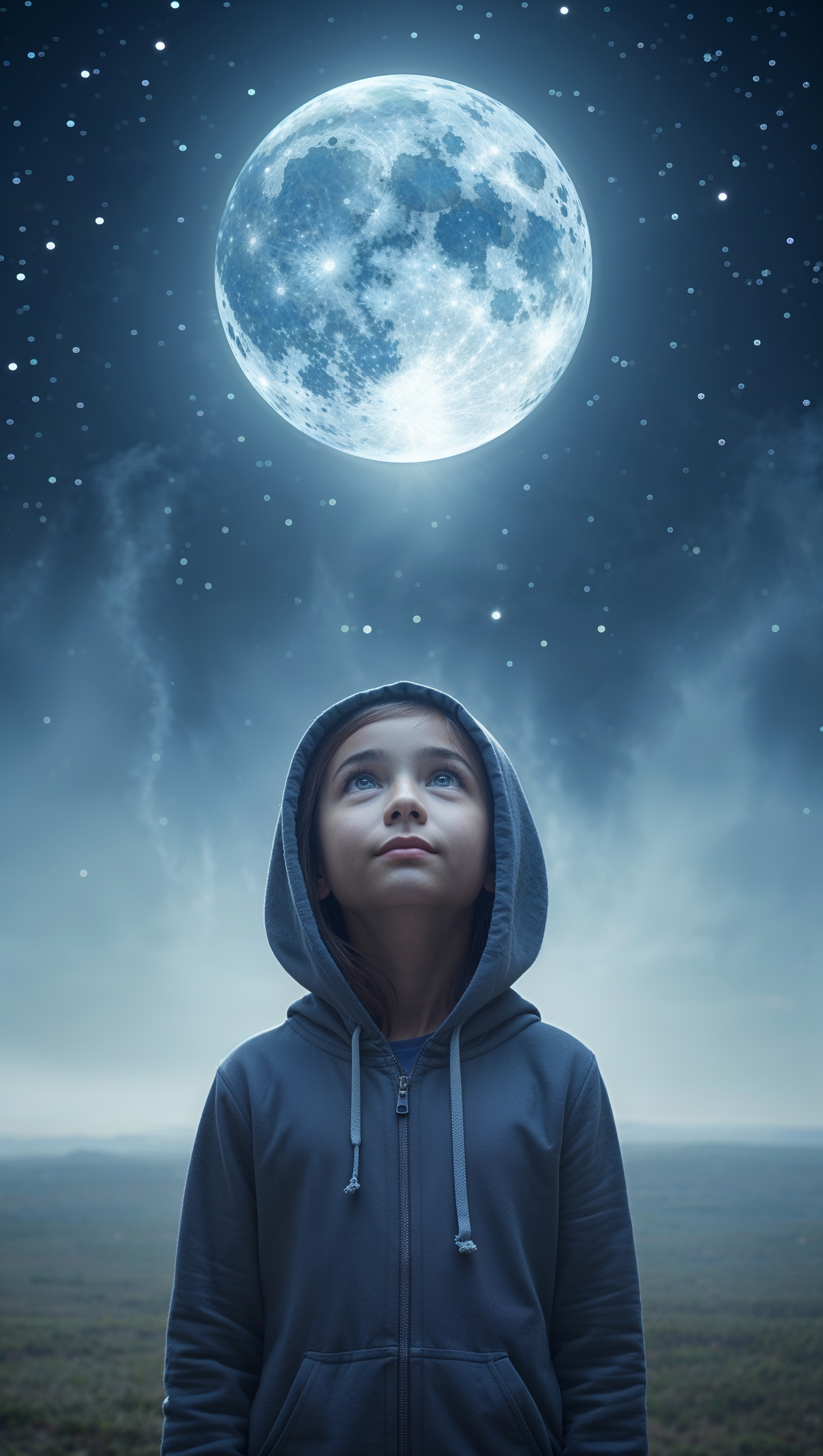 Young girl in a hoodie looking up at the stars, with glowing moon above