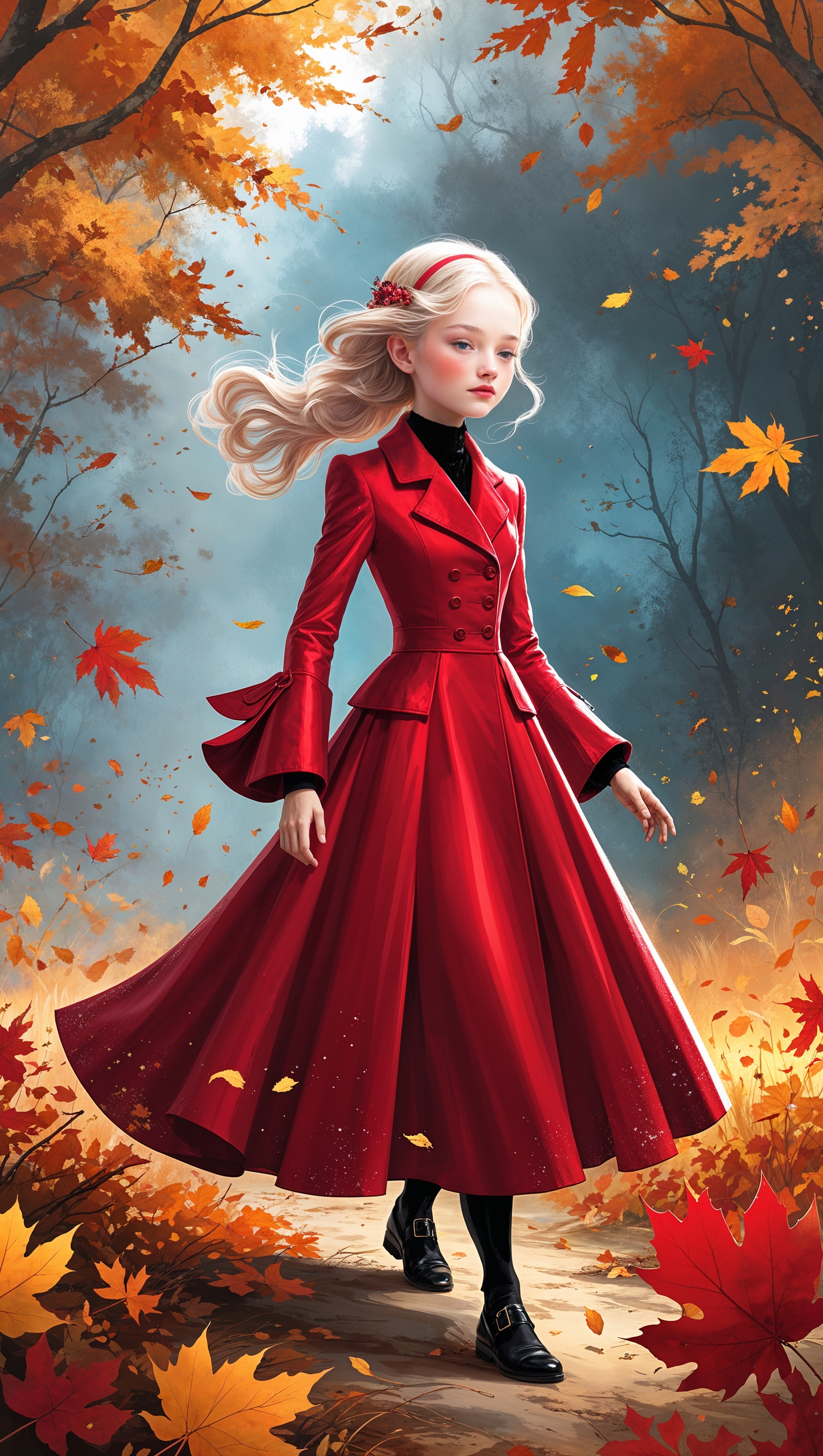 Elegant fashion illustration of girl in red coat walking in autumn leaves