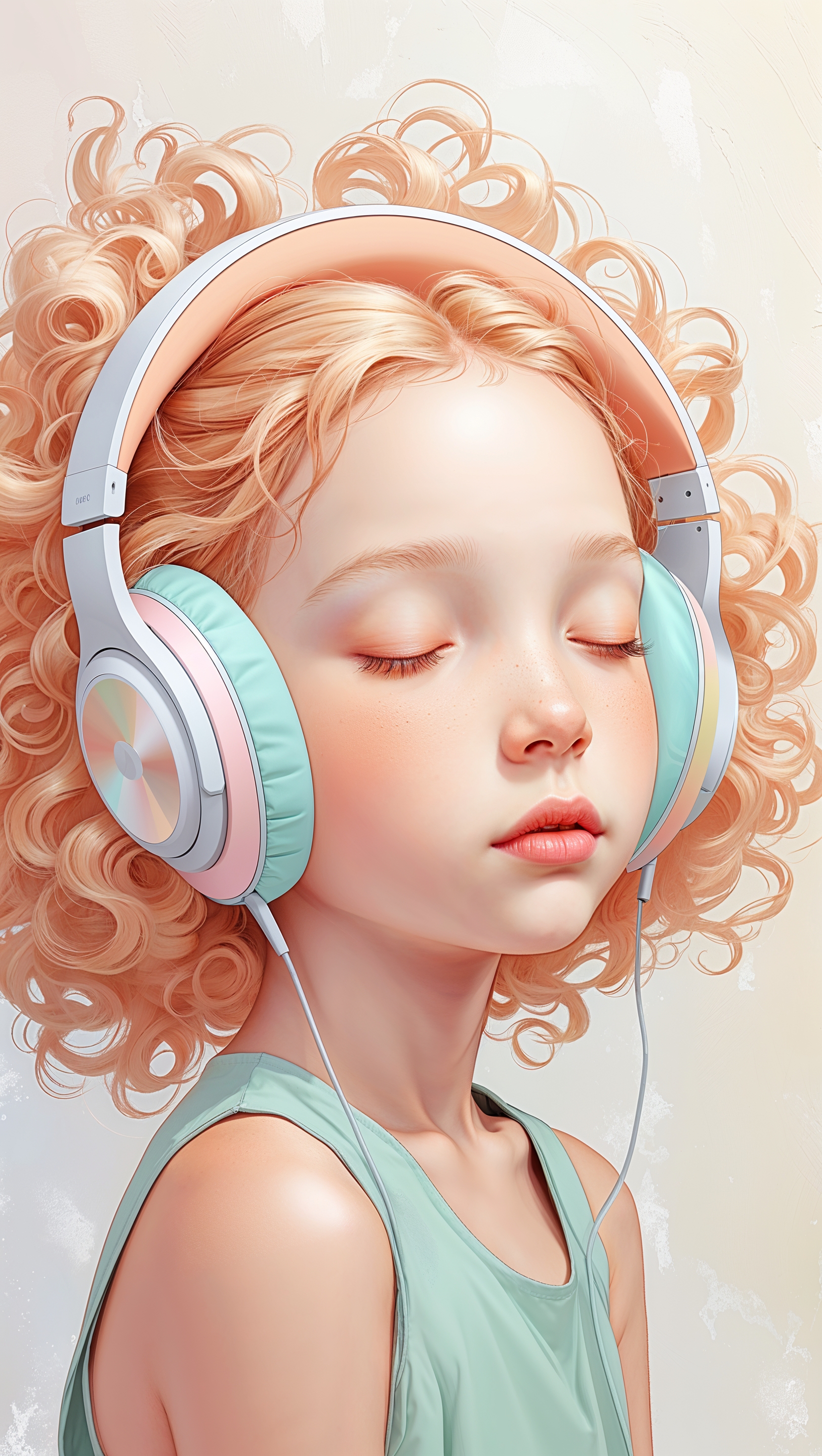 Flat digital art of girl wearing headphones, lost in music, soft pastels