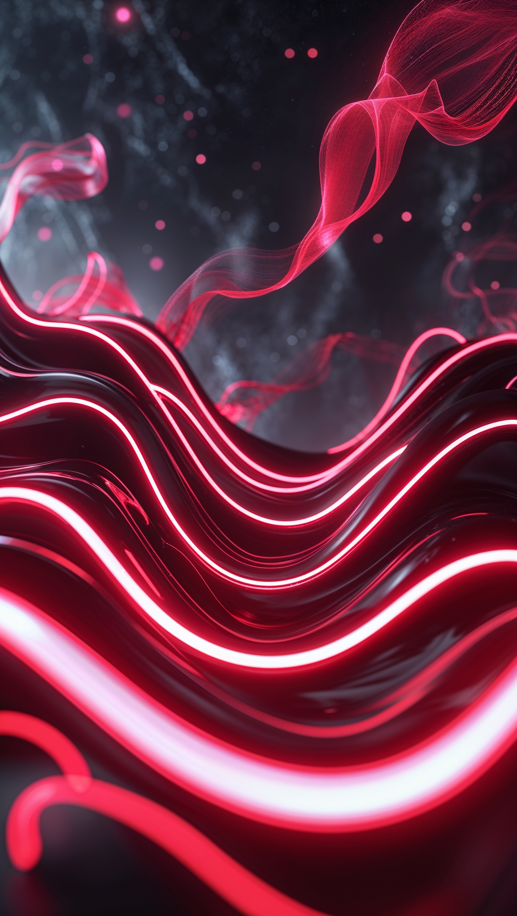 Red neon light waves with glowing accents on deep background
