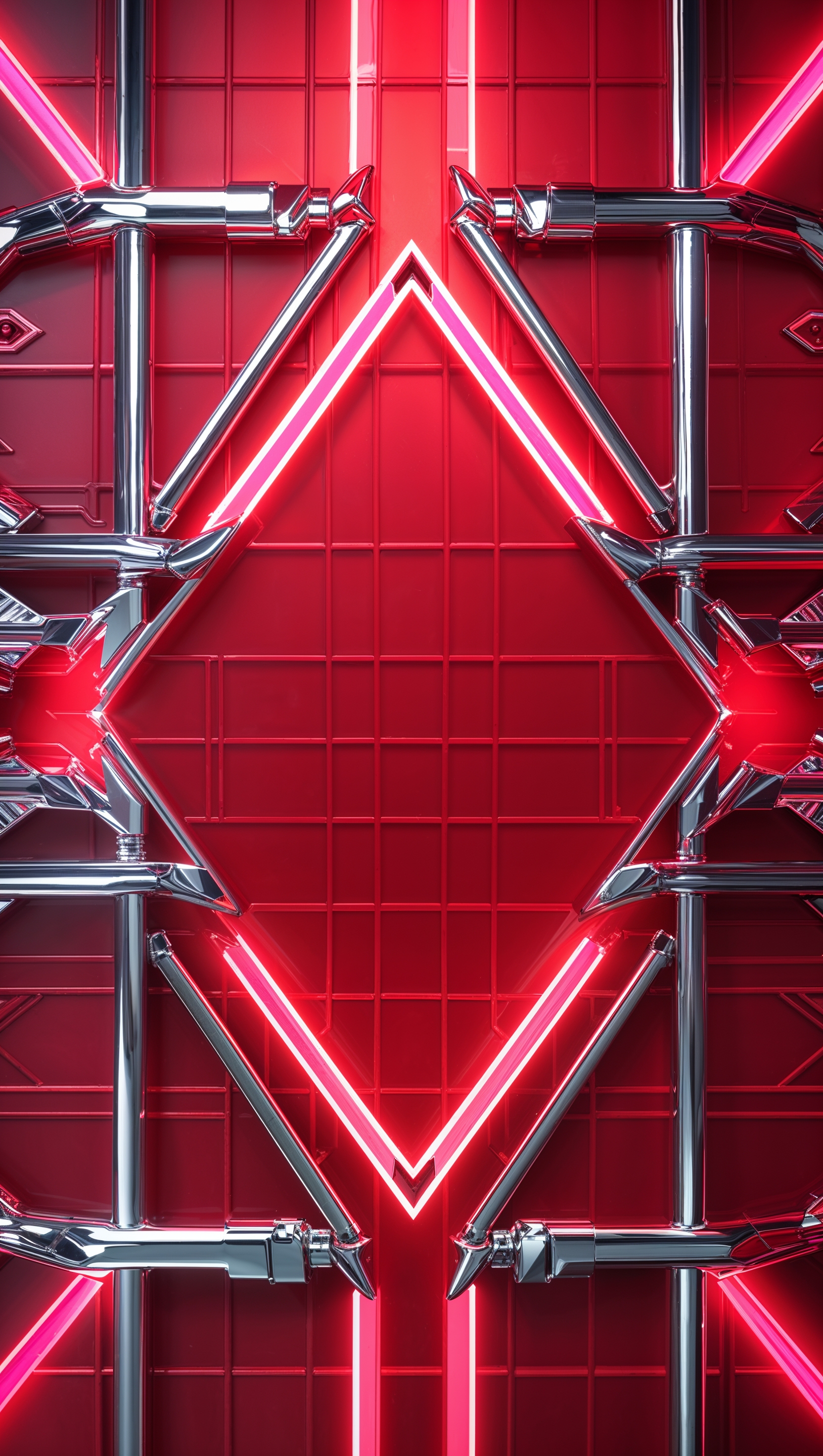 Red futuristic grid background with chrome and neon effects