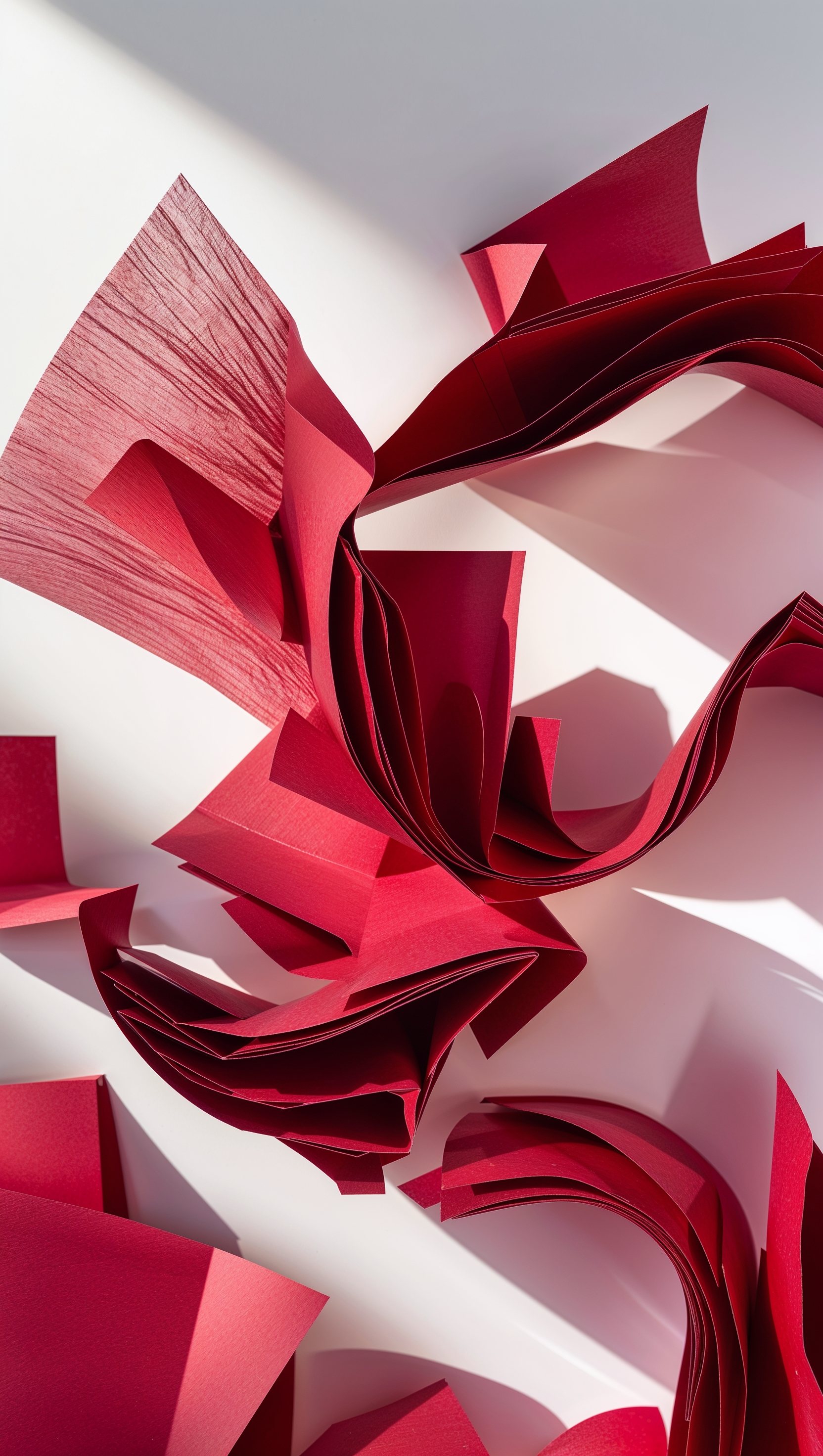 Layered red paper cutout design with shadows and depth