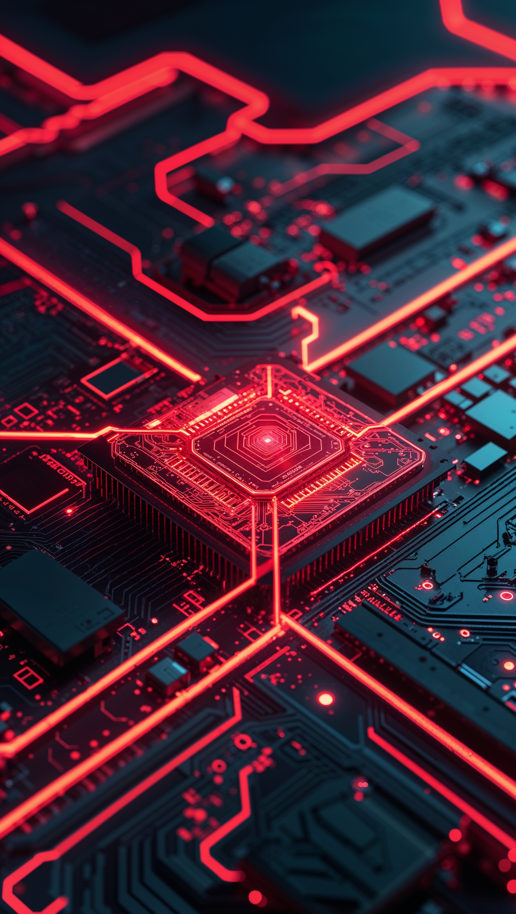 Glowing red circuit board pattern, tech-inspired aesthetic
