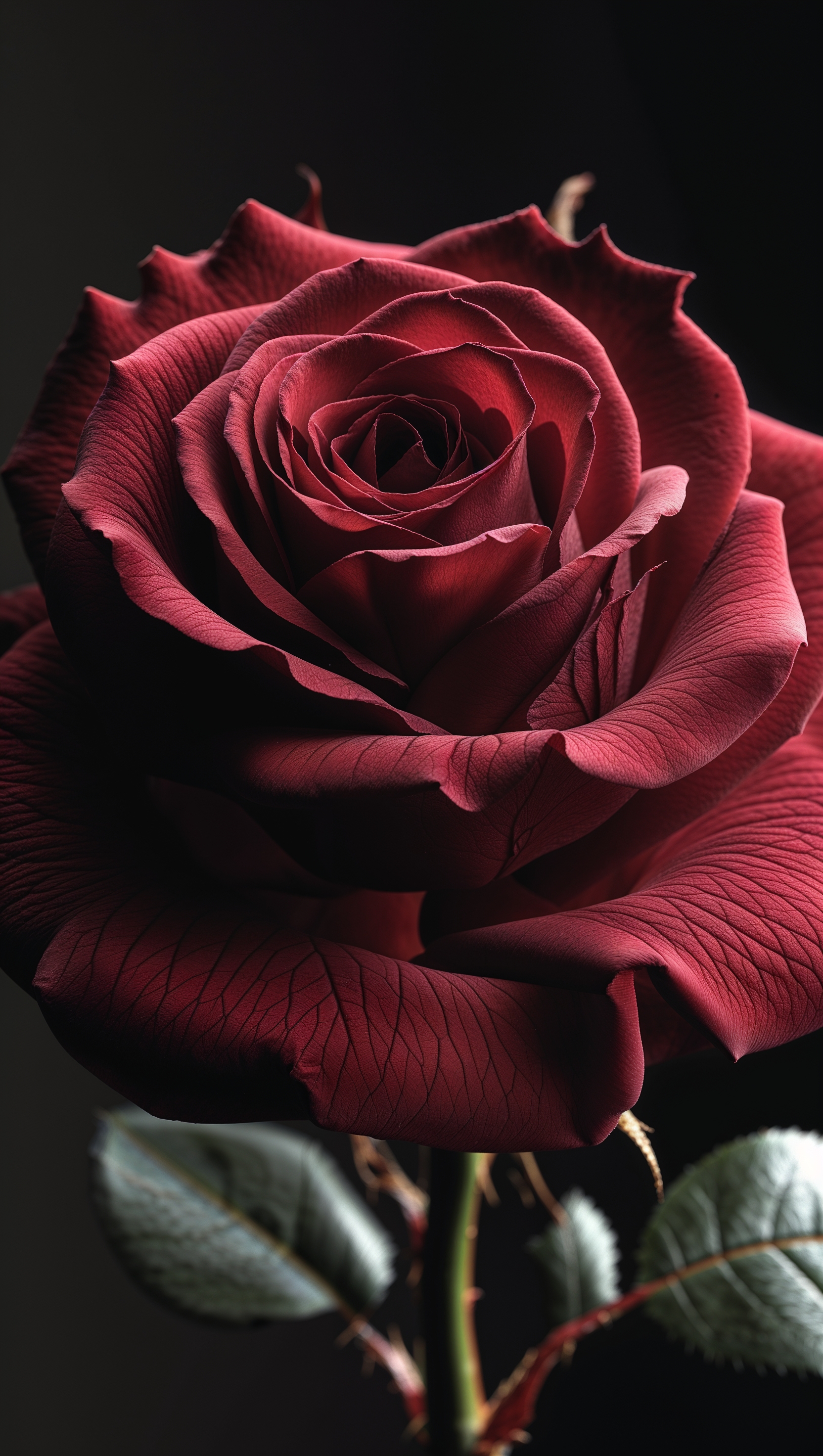 Red rose close-up with velvety petals and deep shadows