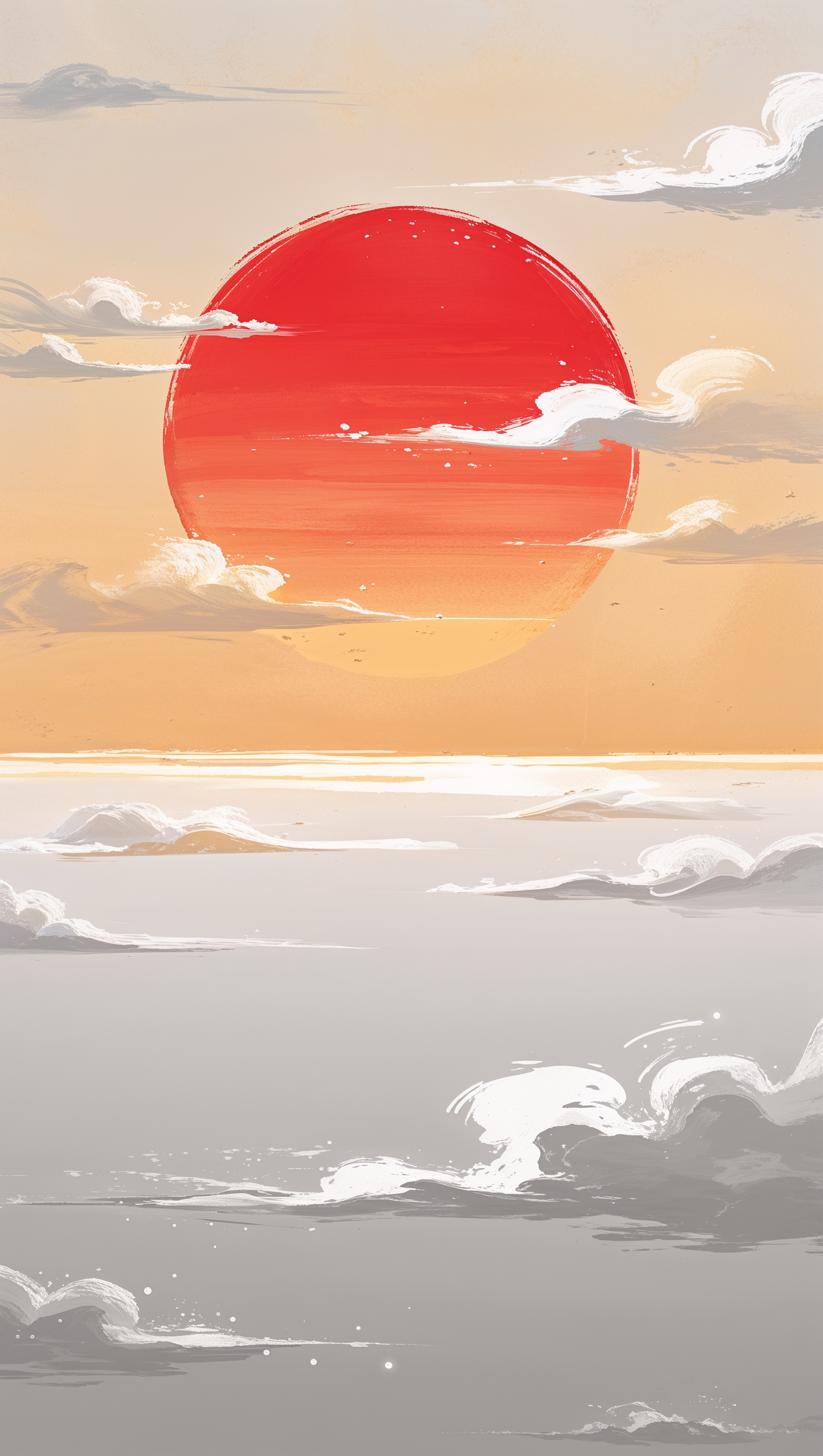 Japanese-style red sun over a minimalist white horizon, traditional feel