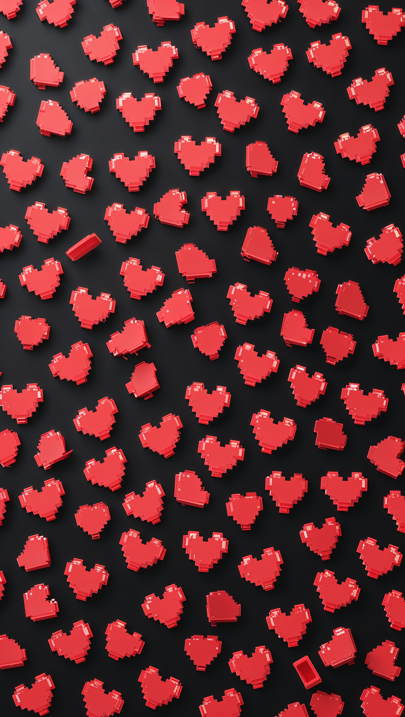 Pixel-art red hearts scattered on black, retro and cute