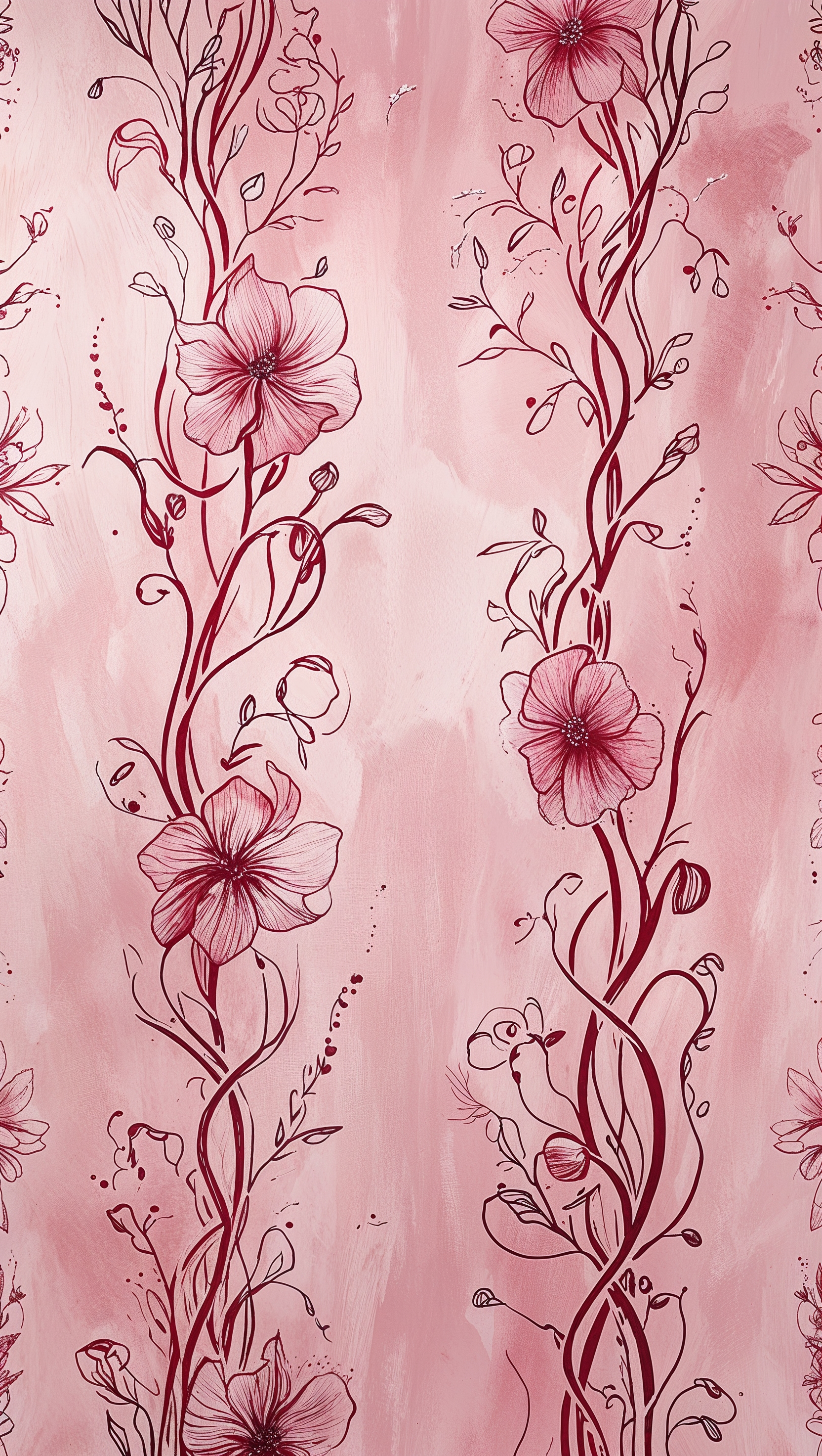 Vertical line-art floral pattern in red on pale pink background