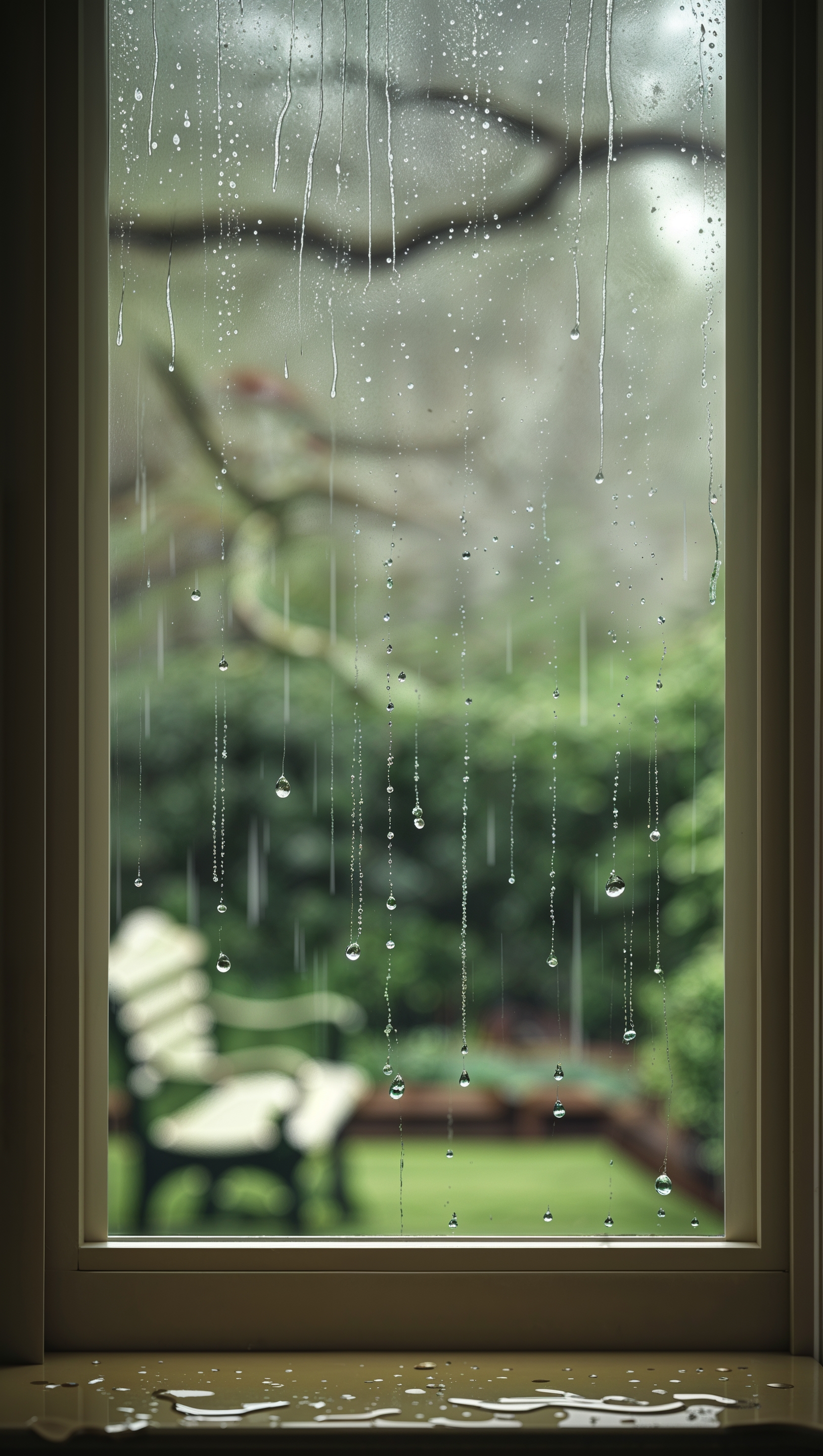 Soft rainy window with blurry garden view