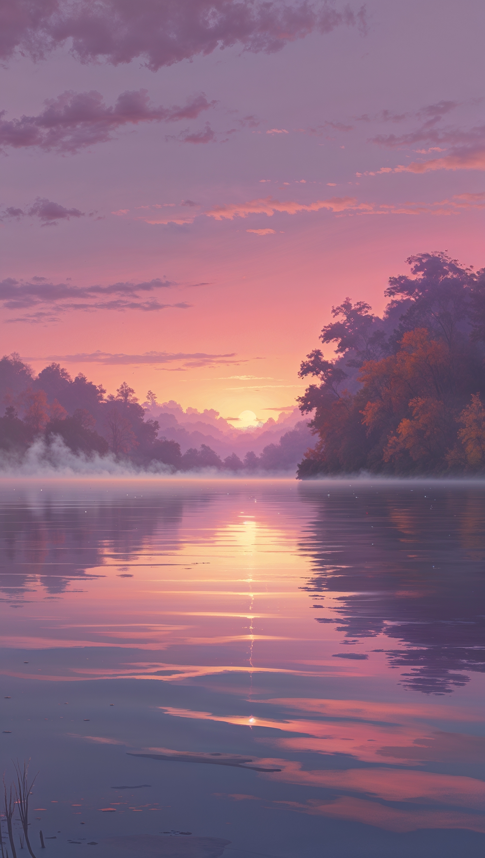 Muted color palette sunset over calm lake