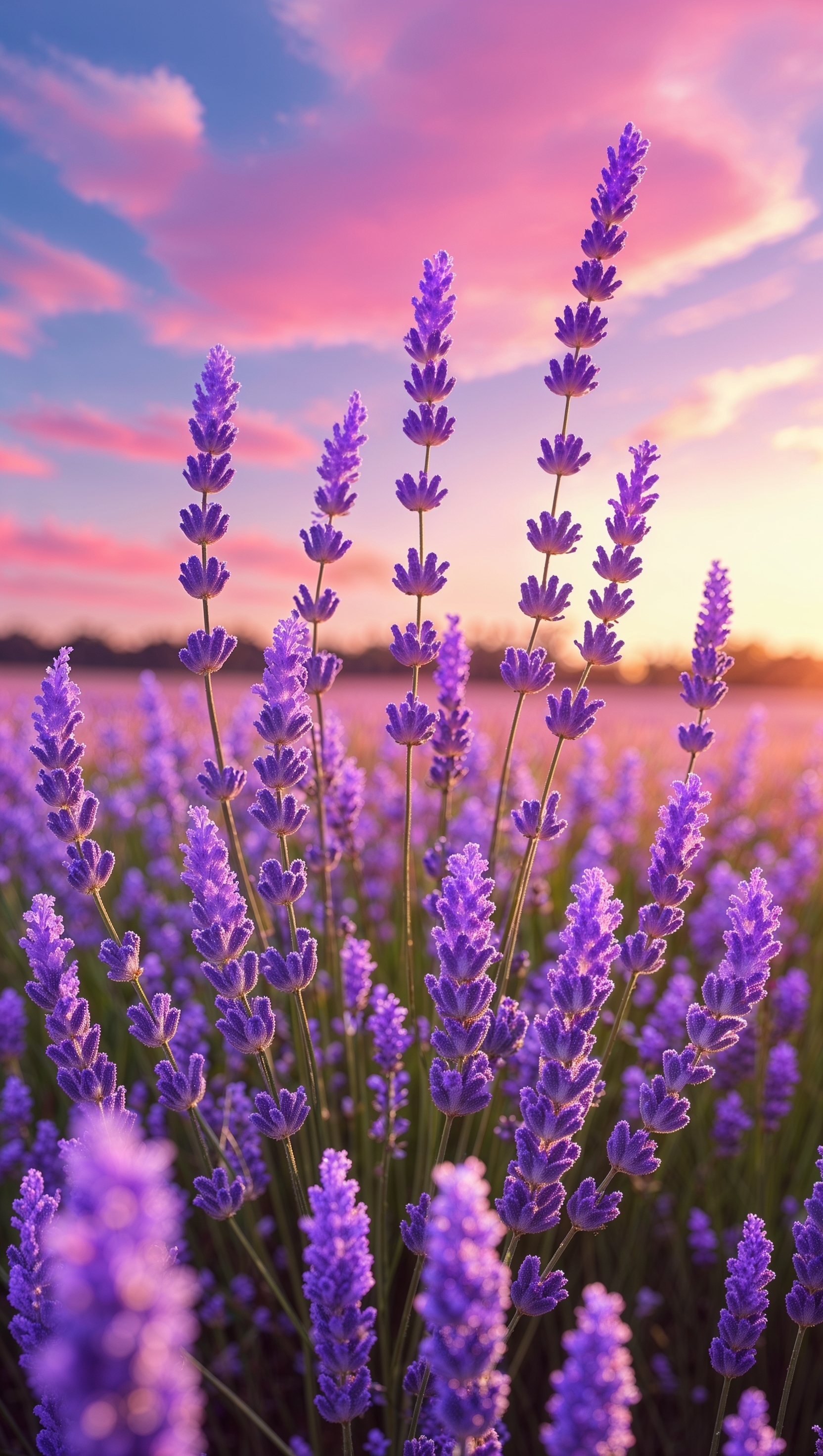 Lavender field under pink sky at golden hour