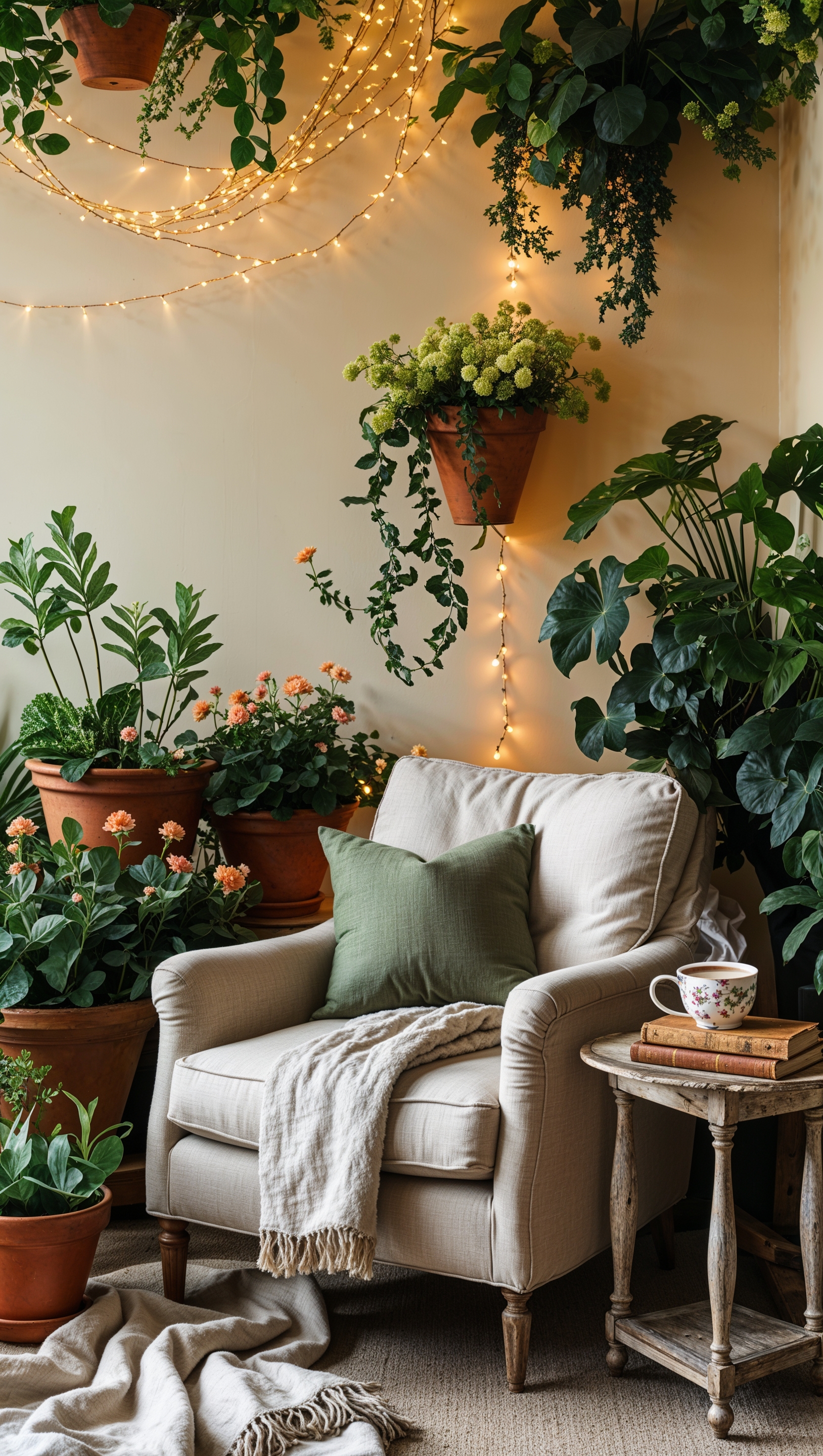 Cozy reading corner with warm fairy lights and plants