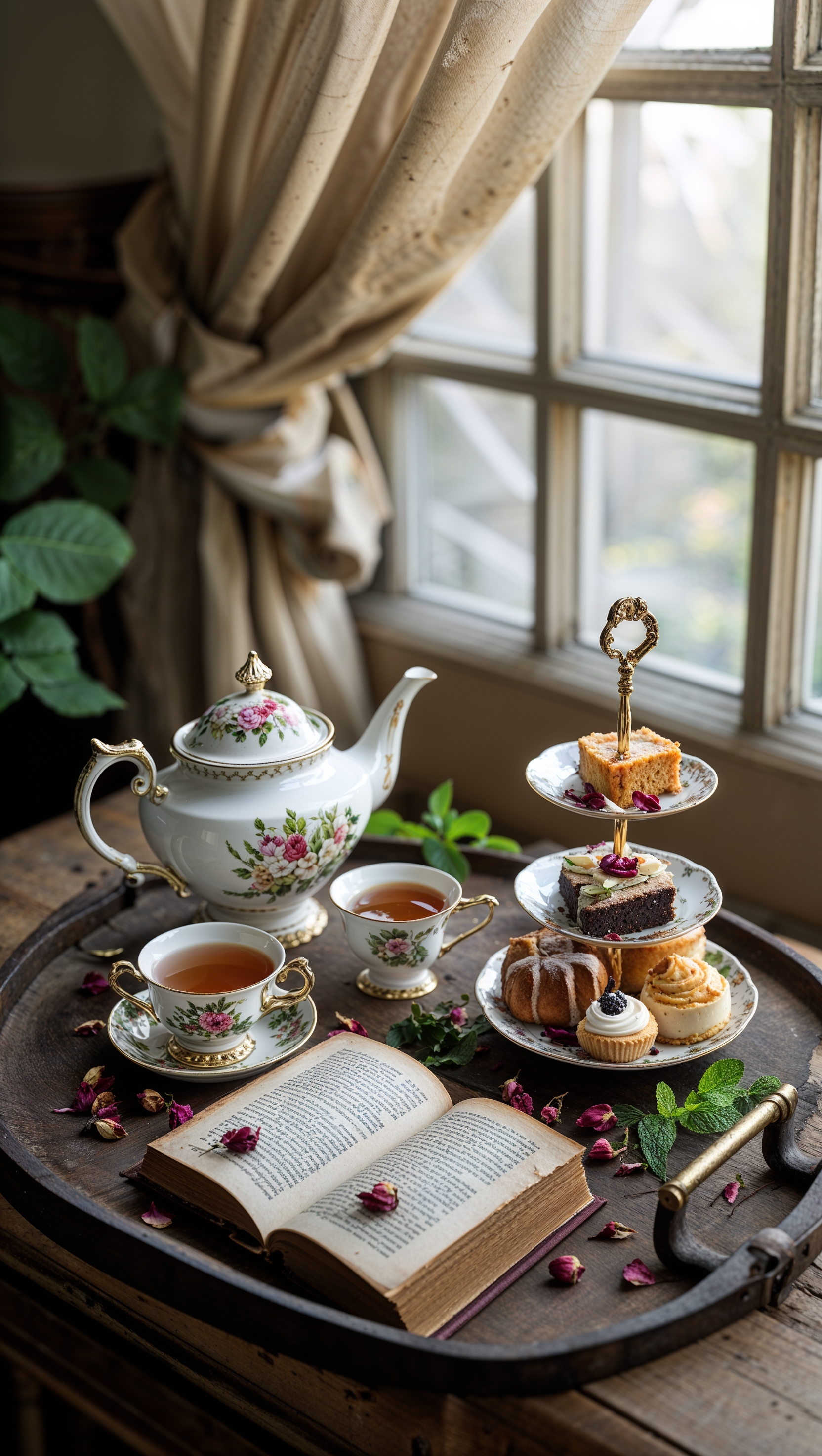 Aesthetic tea setup on wooden tray near window