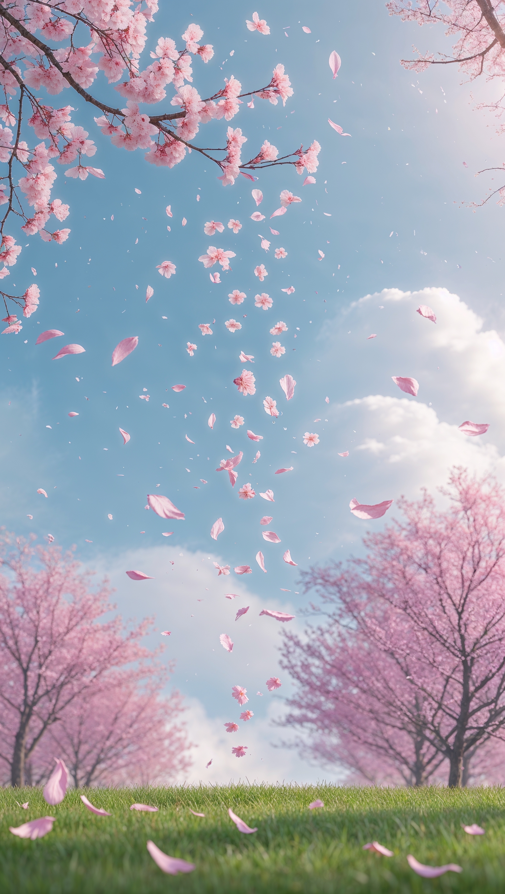 Cherry blossom petals falling in soft spring breeze