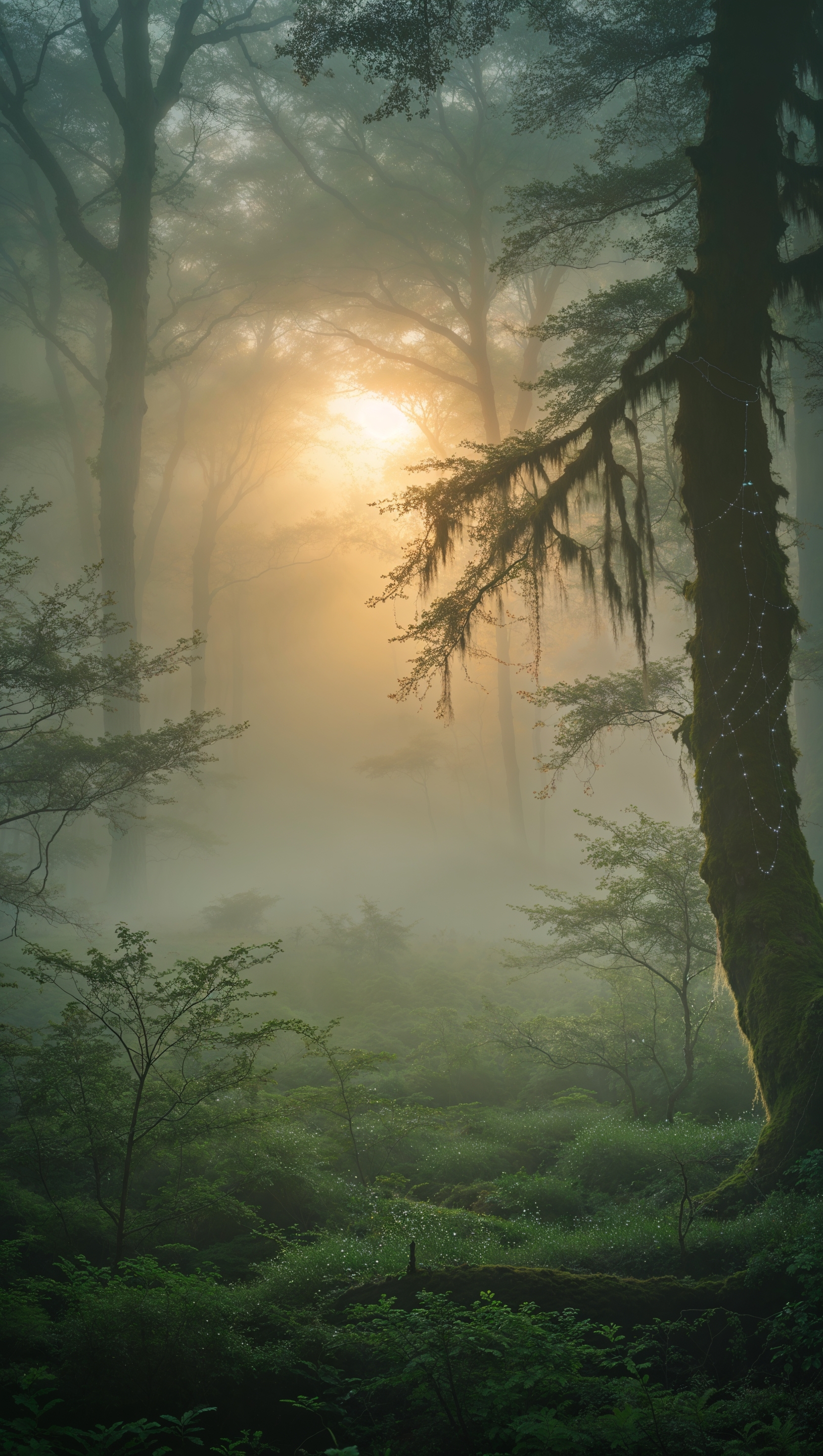 Serene forest in morning fog with soft lighting