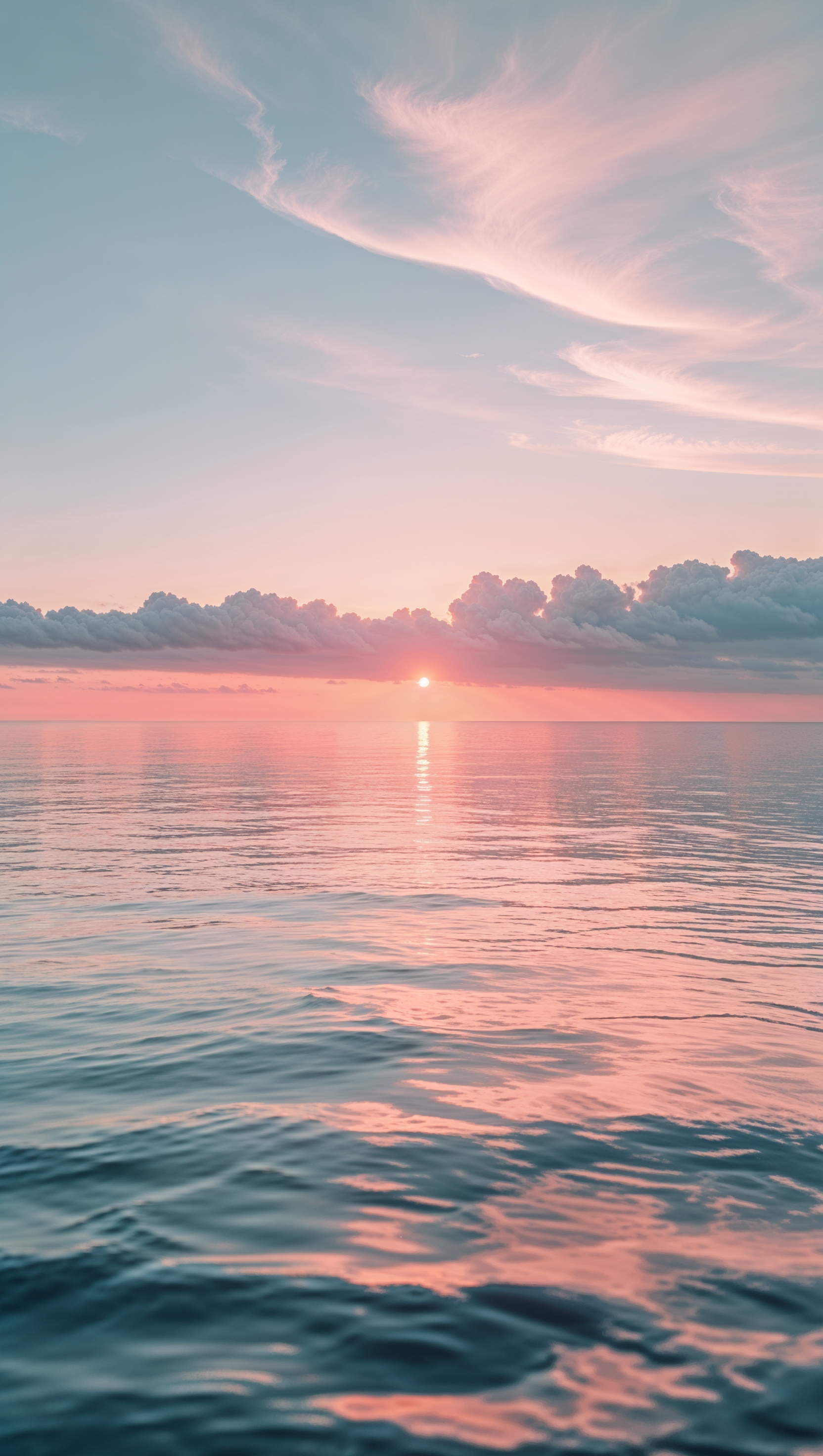 Minimal sunrise over calm sea with pink and gold hues