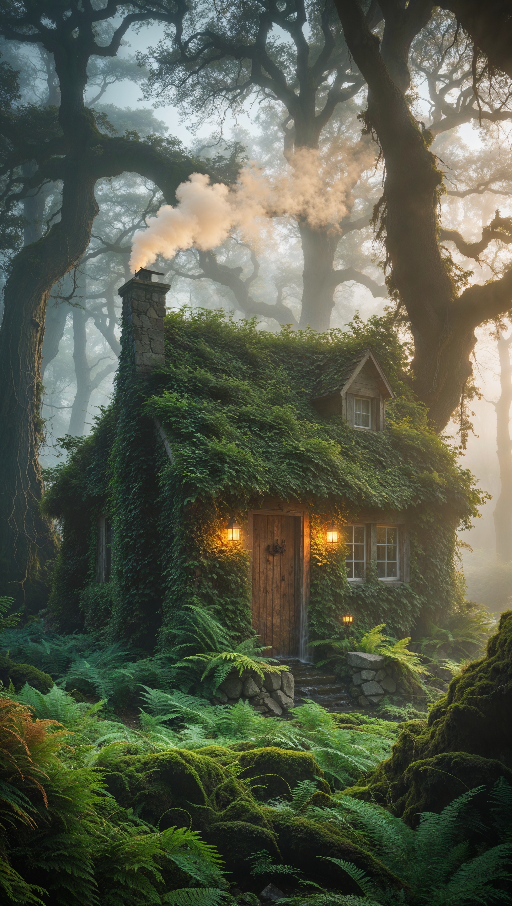 Aesthetic cottage in misty forest morning