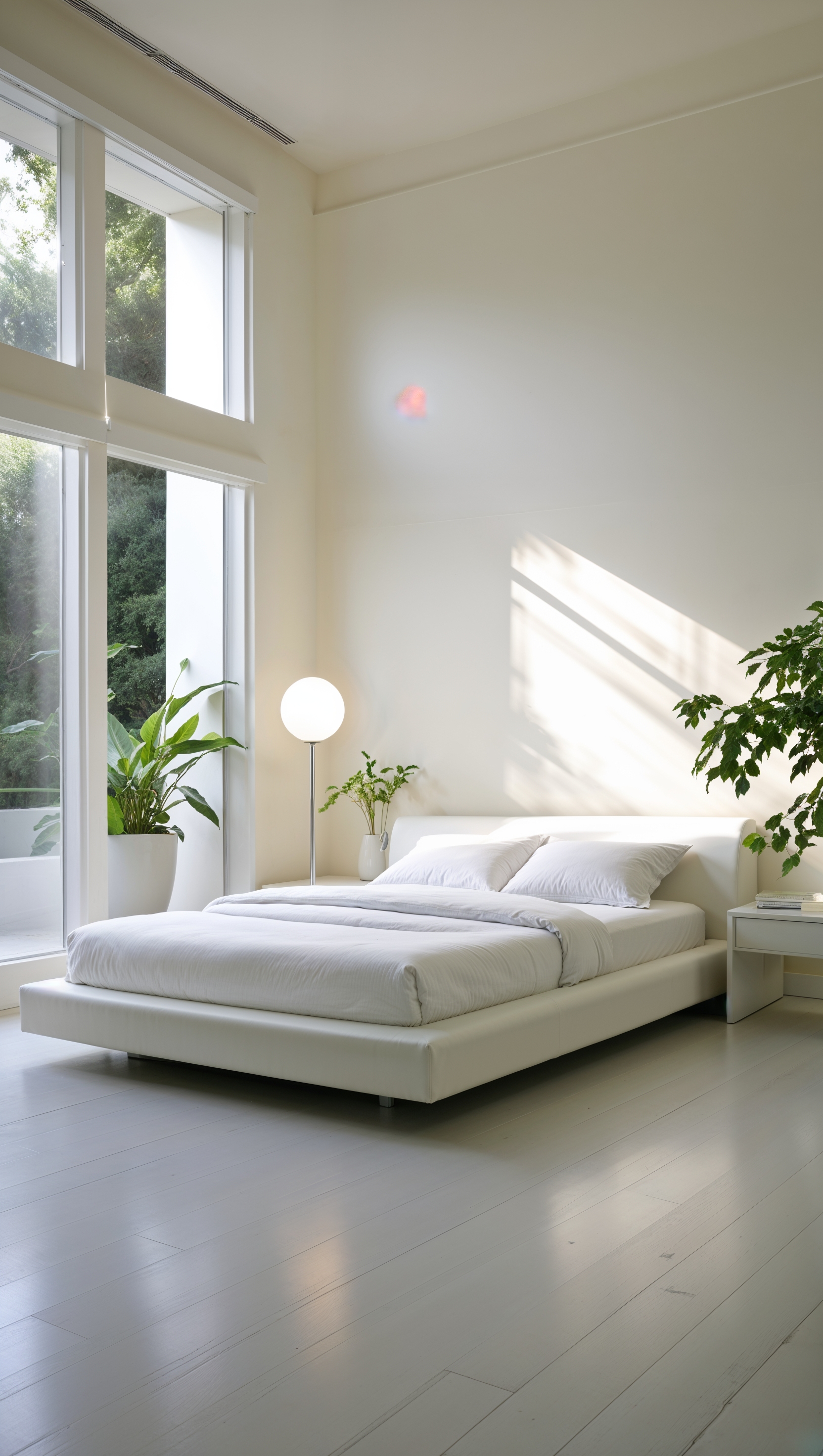White minimalist bedroom with natural light