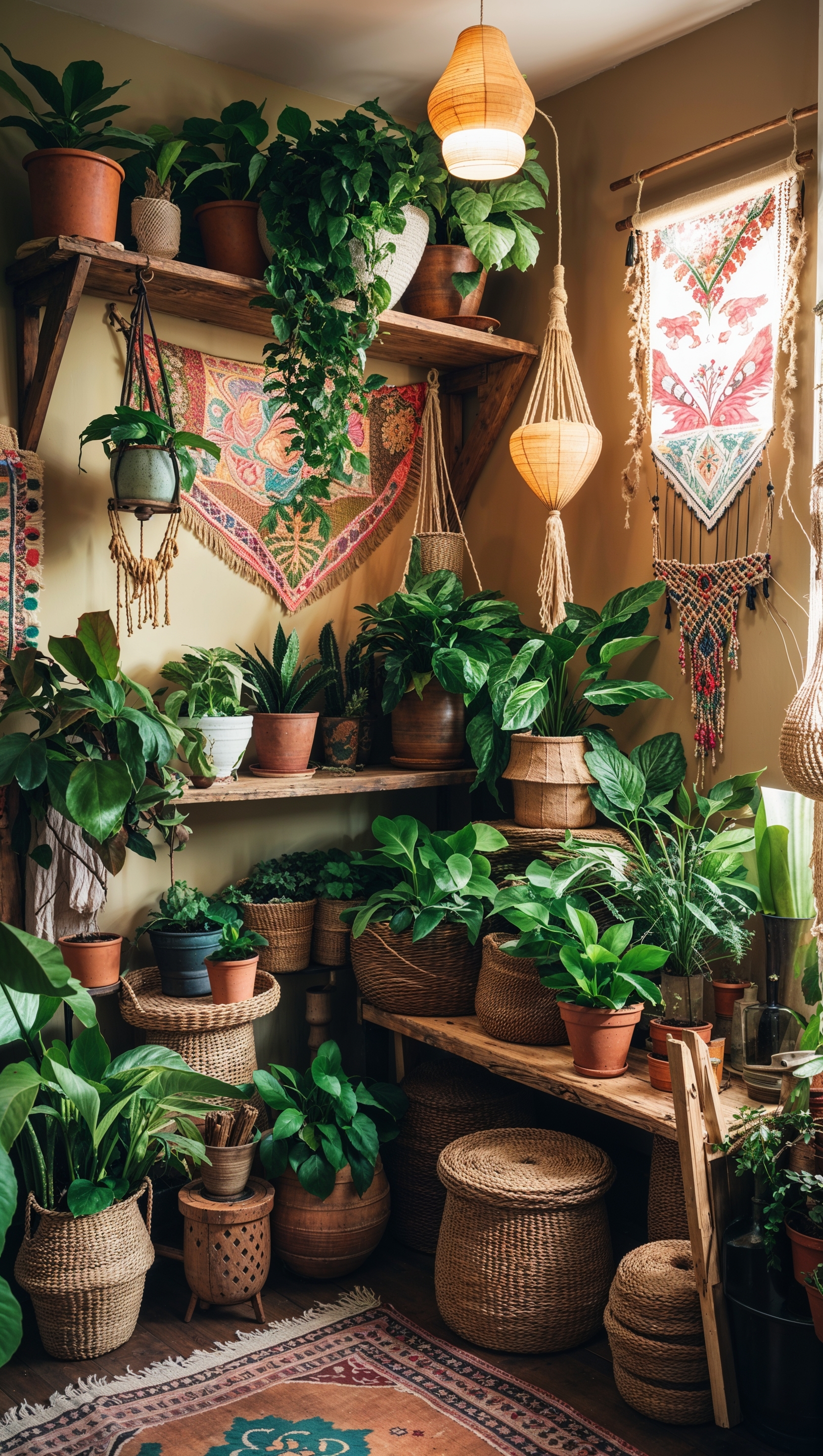 Boho aesthetic interior with plants and earthy tones