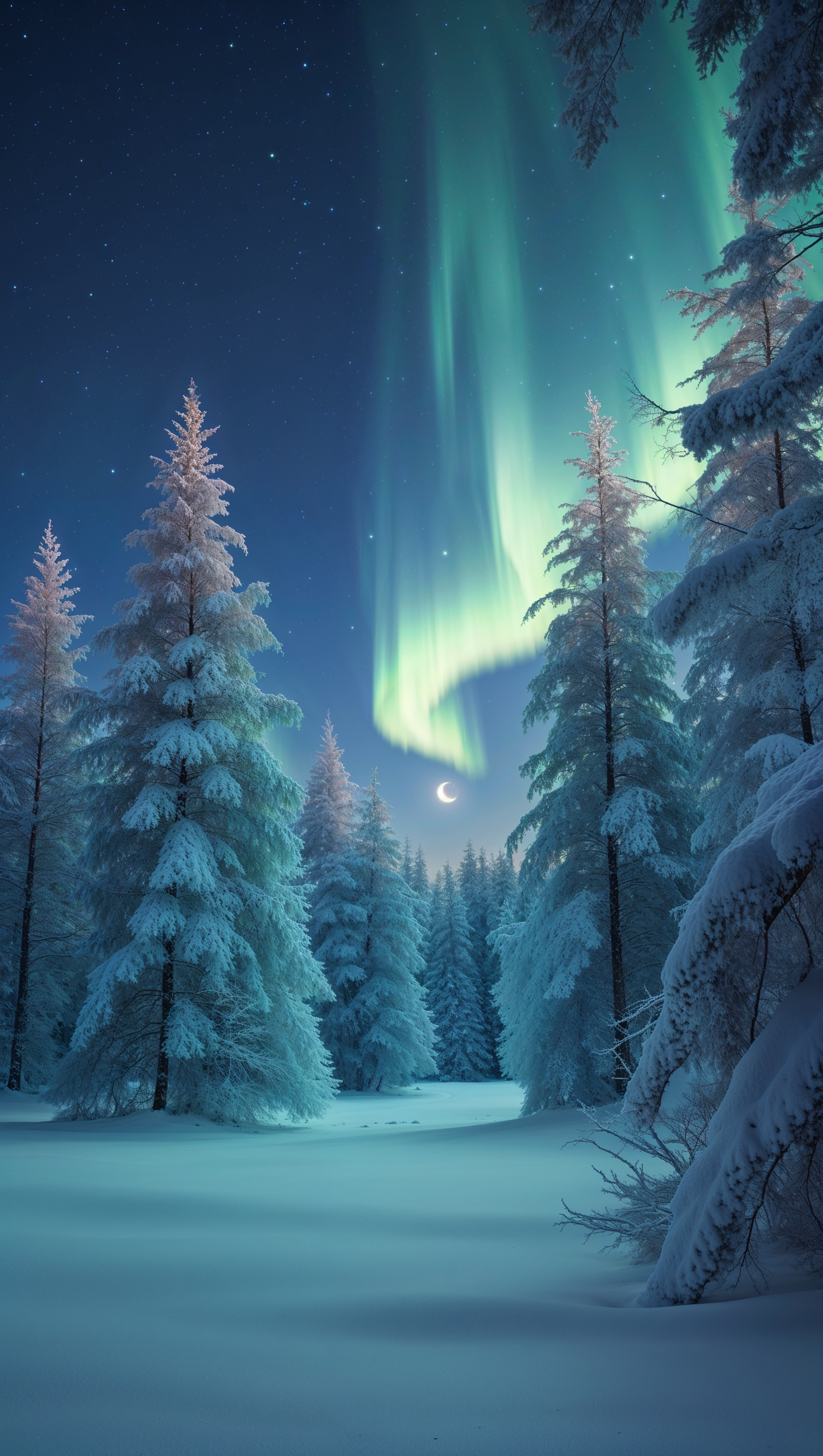 Soothing aurora lights over snowy forest
