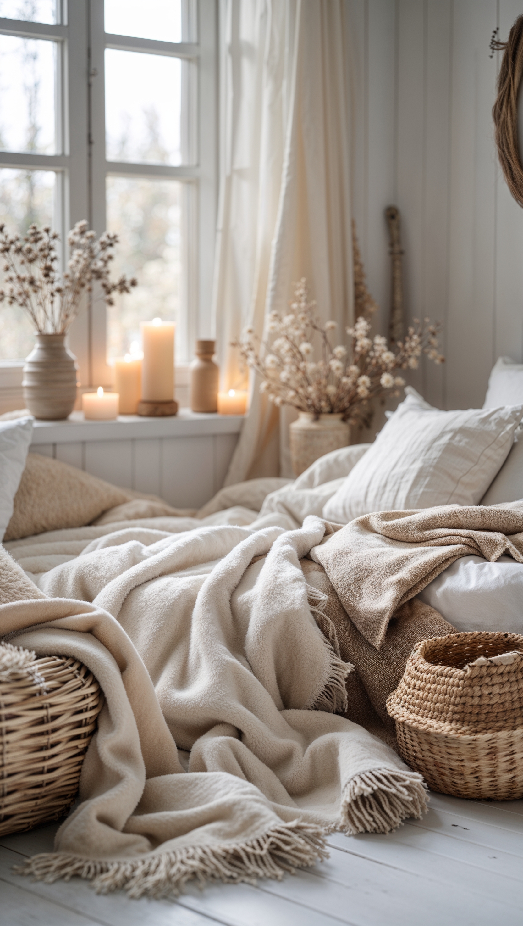 Scandinavian cozy room with white and beige palette